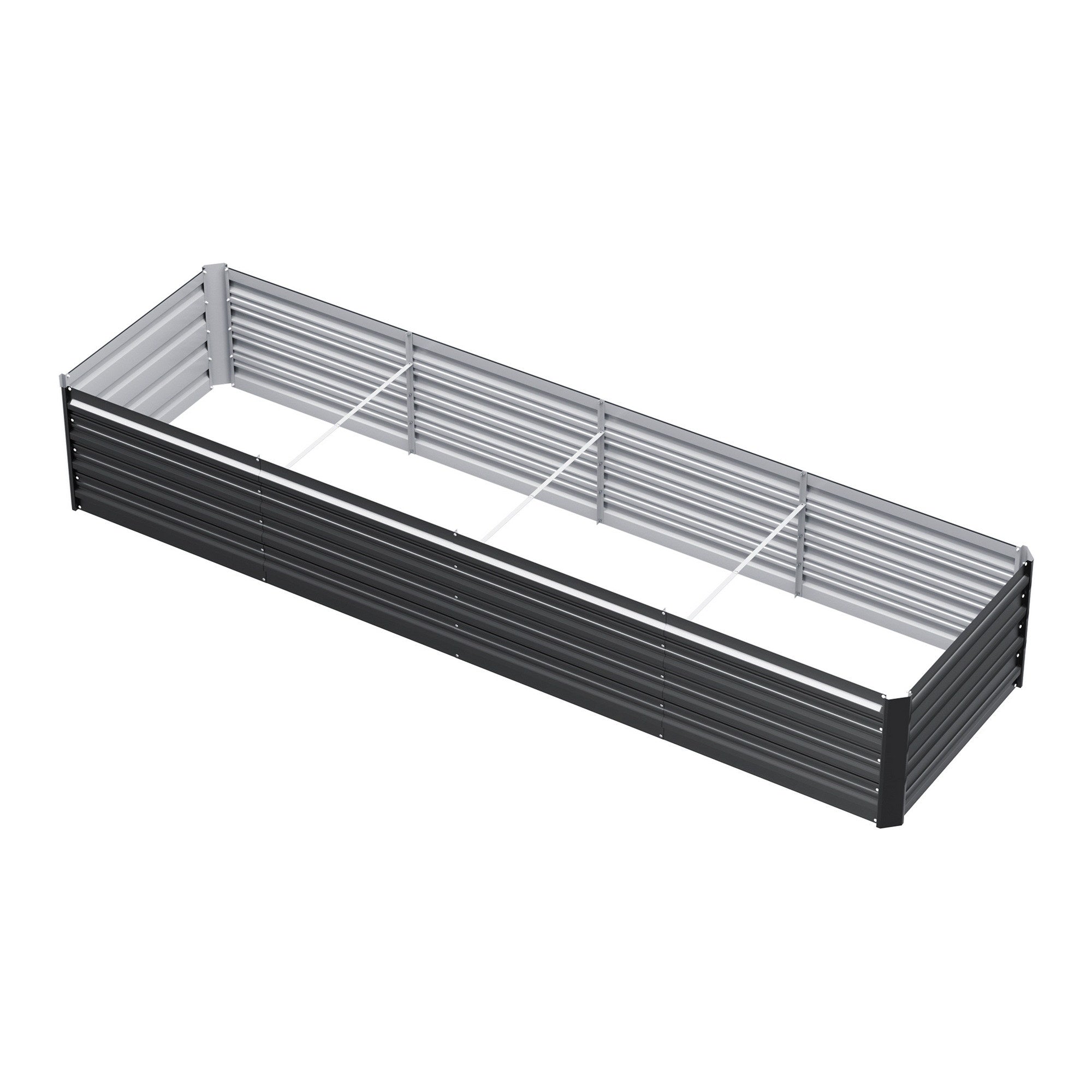 Long raised metal planter bed with slatted galvanized panels and internal divider bars