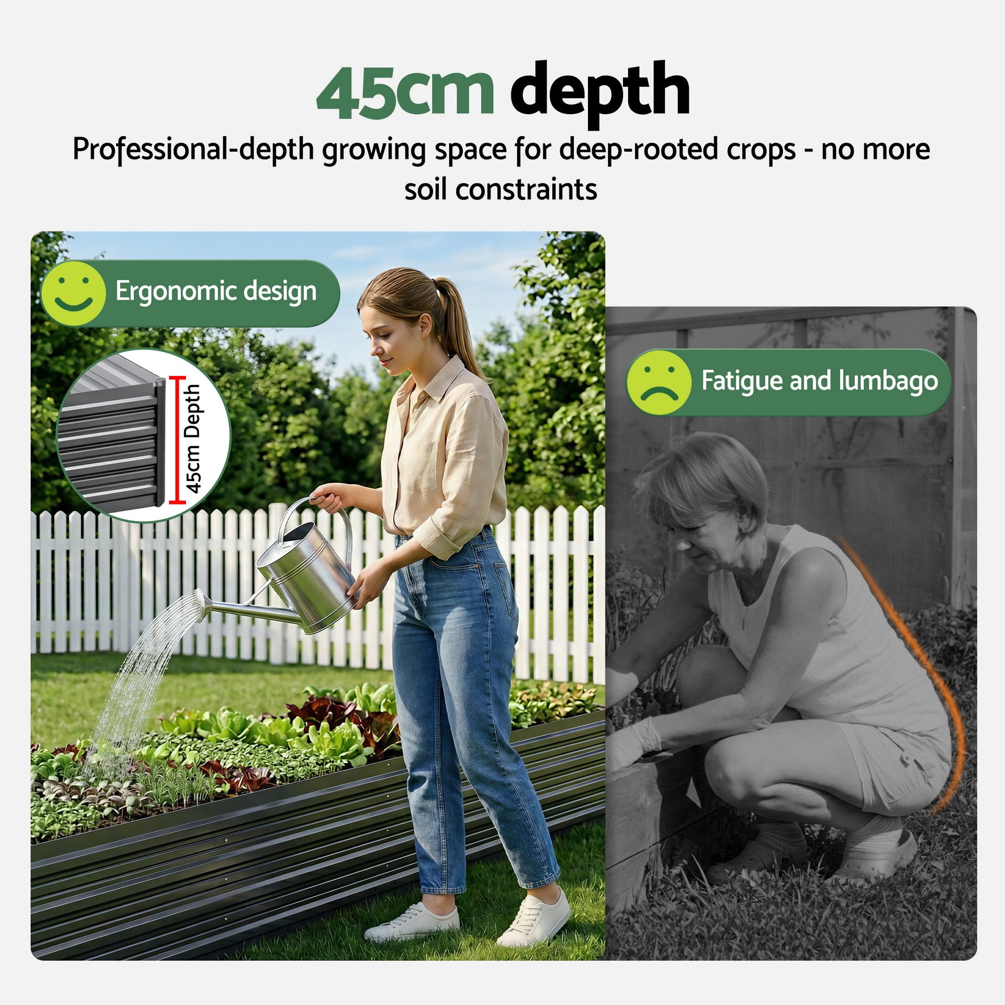 Tall raised metal garden bed with slatted sides for deep-rooted crop growing