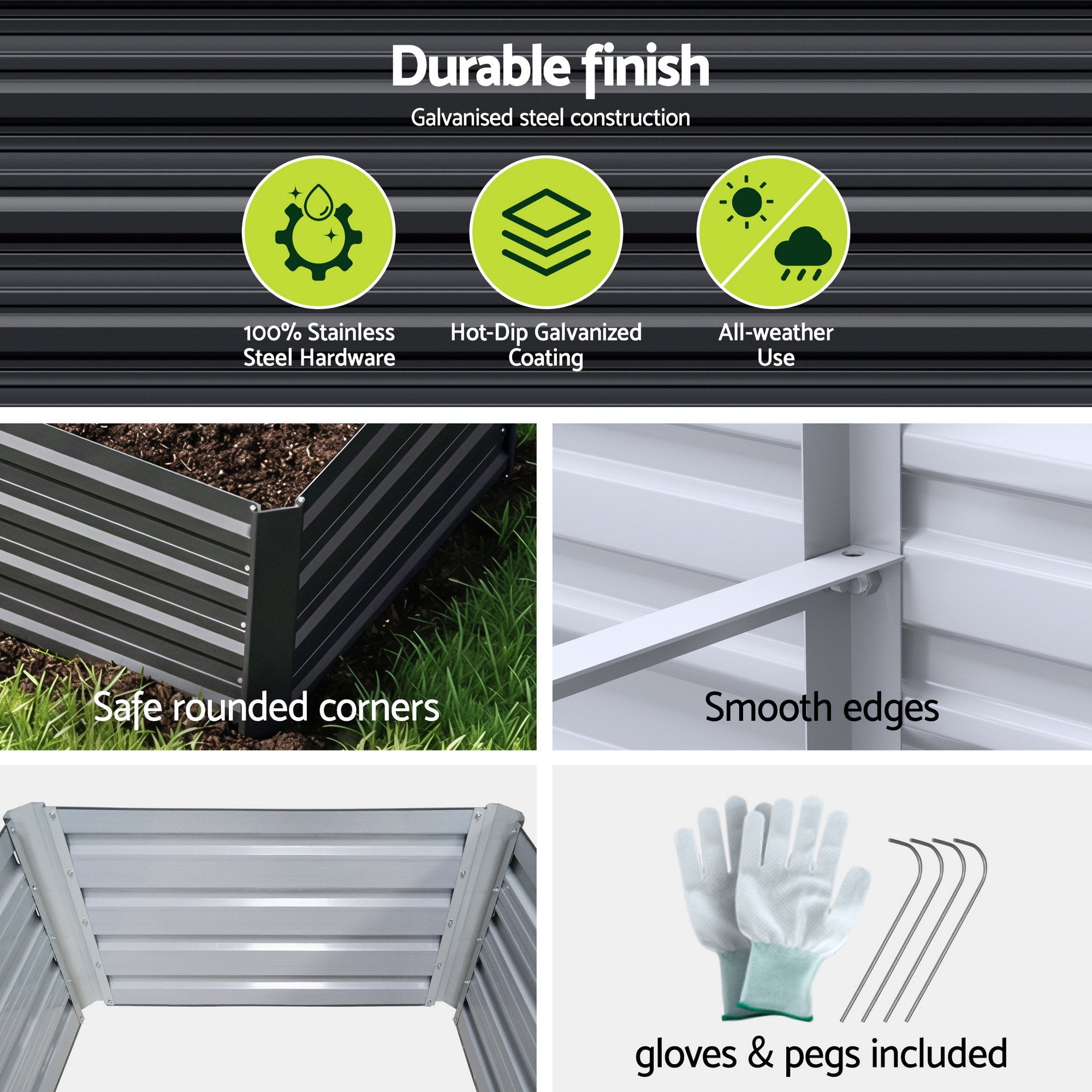Galvanized metal raised garden bed with safe rounded corners and smooth edges