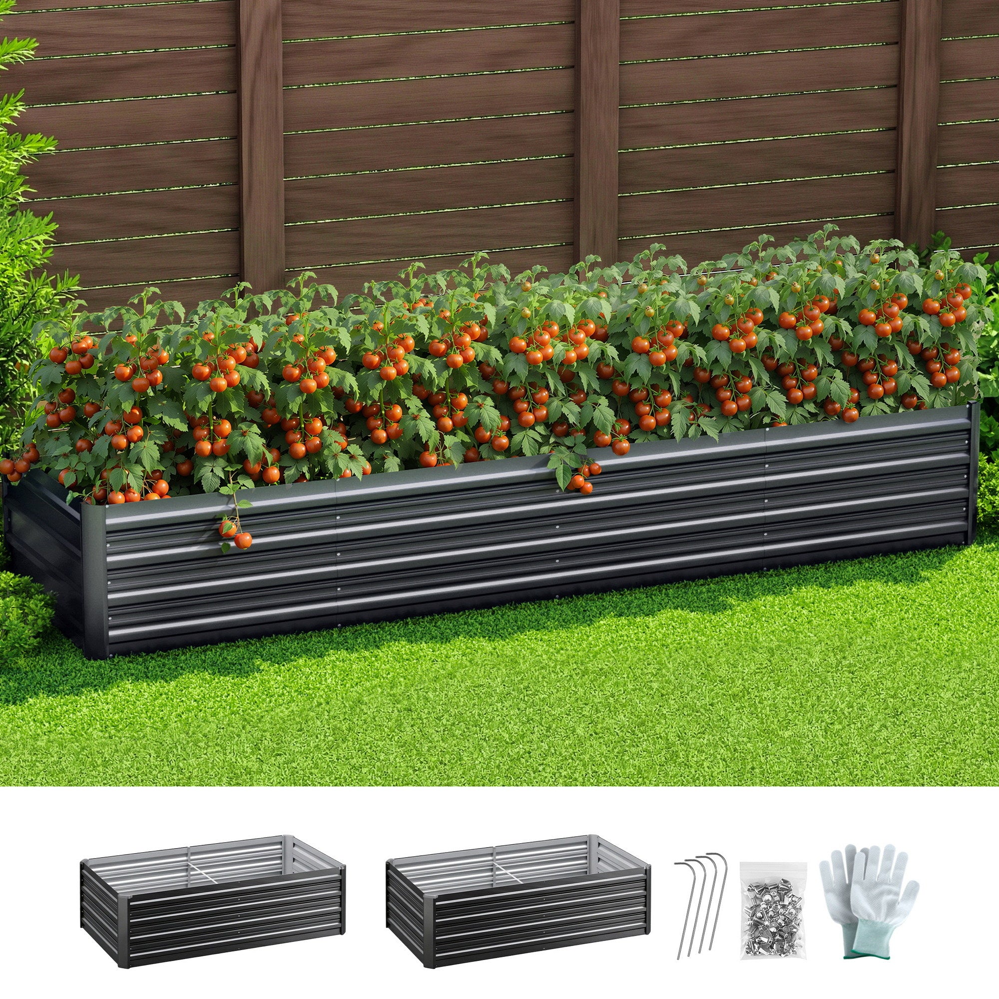 Raised metal planter bed filled with leafy plants and orange tomatoes in the garden