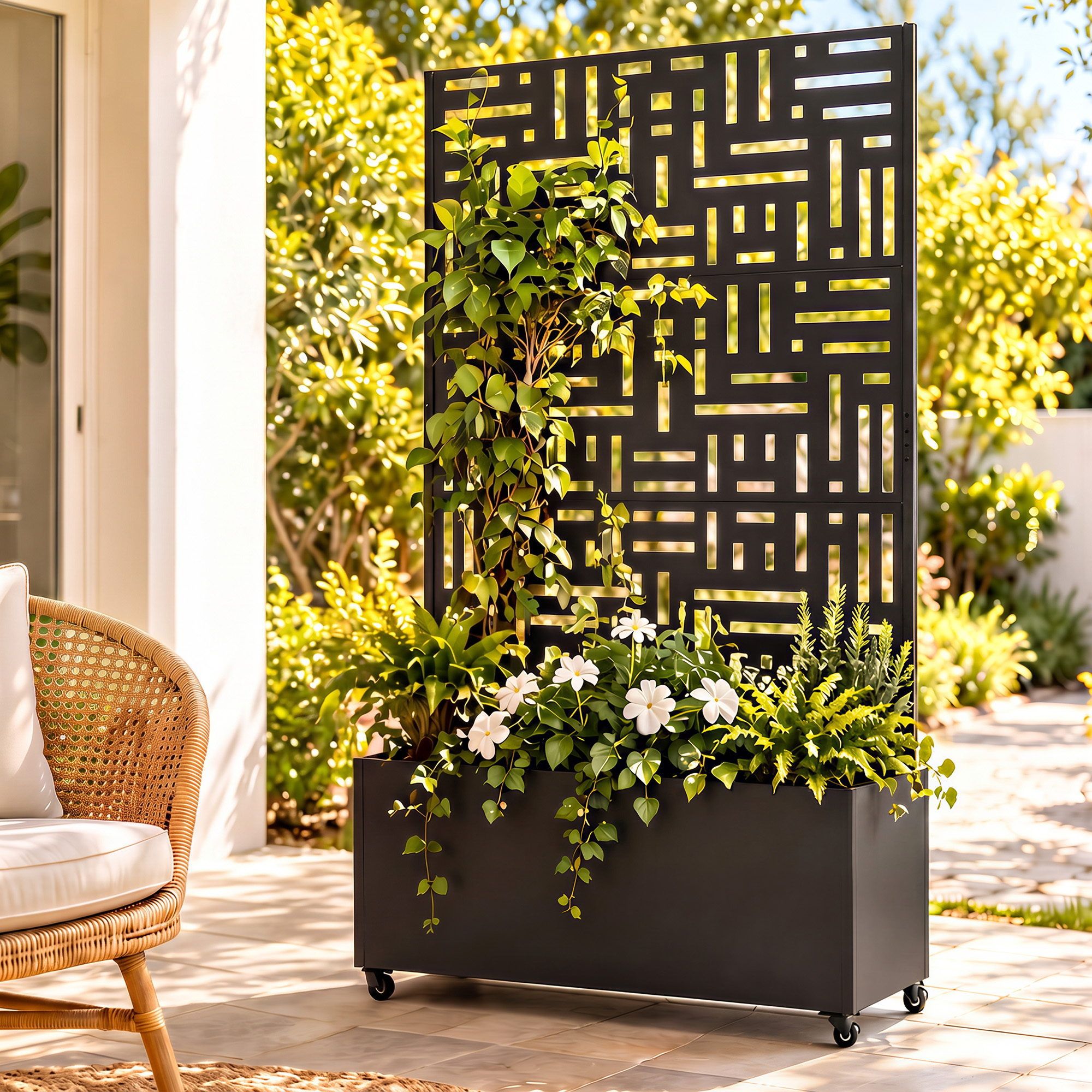Green Fingers Mobile Planter Box Garden Bed with Trellis Privacy Screen & Lockable Wheels for Climbing Plants Bedworld