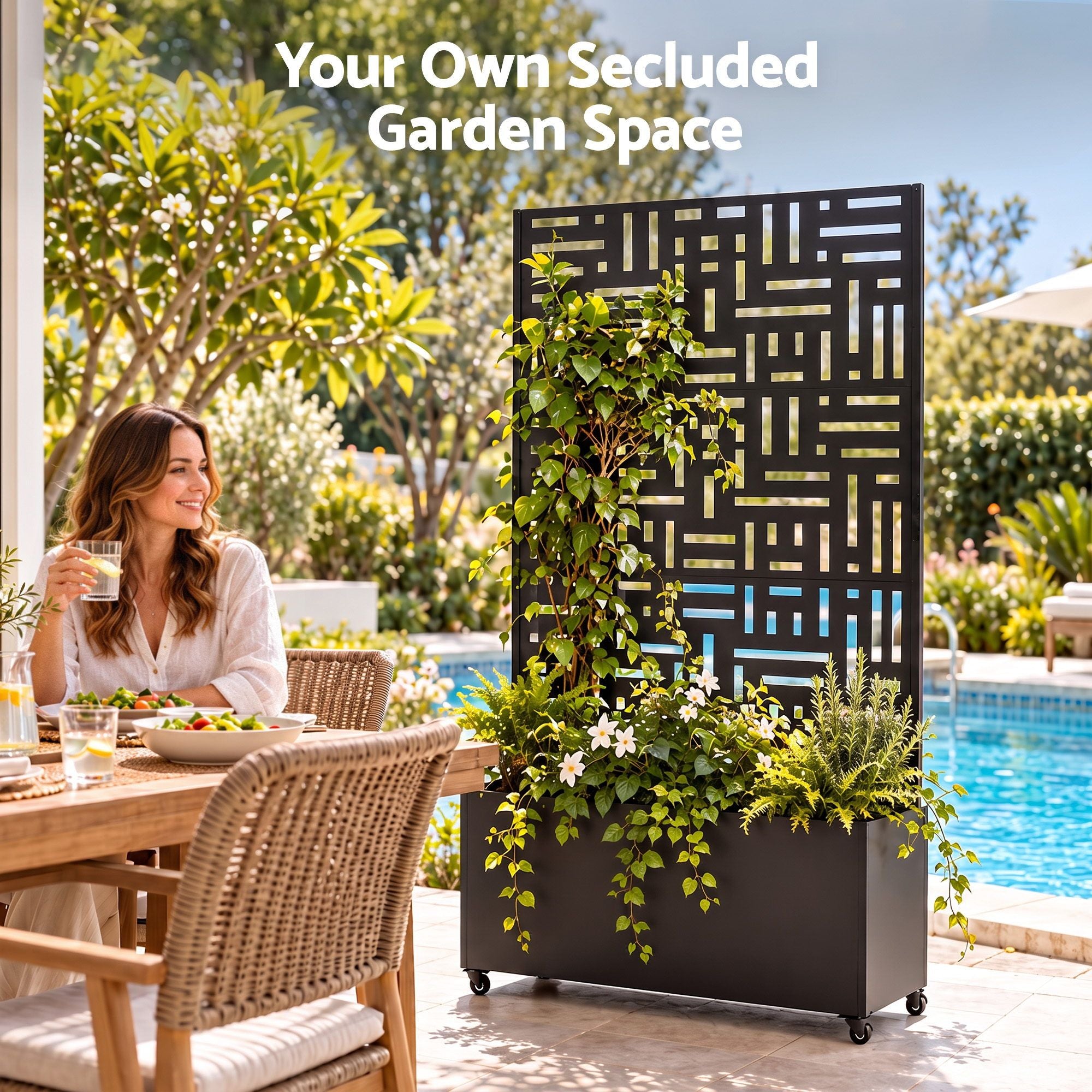 Green Fingers Mobile Planter Box Garden Bed with Trellis Privacy Screen & Lockable Wheels for Climbing Plants Bedworld