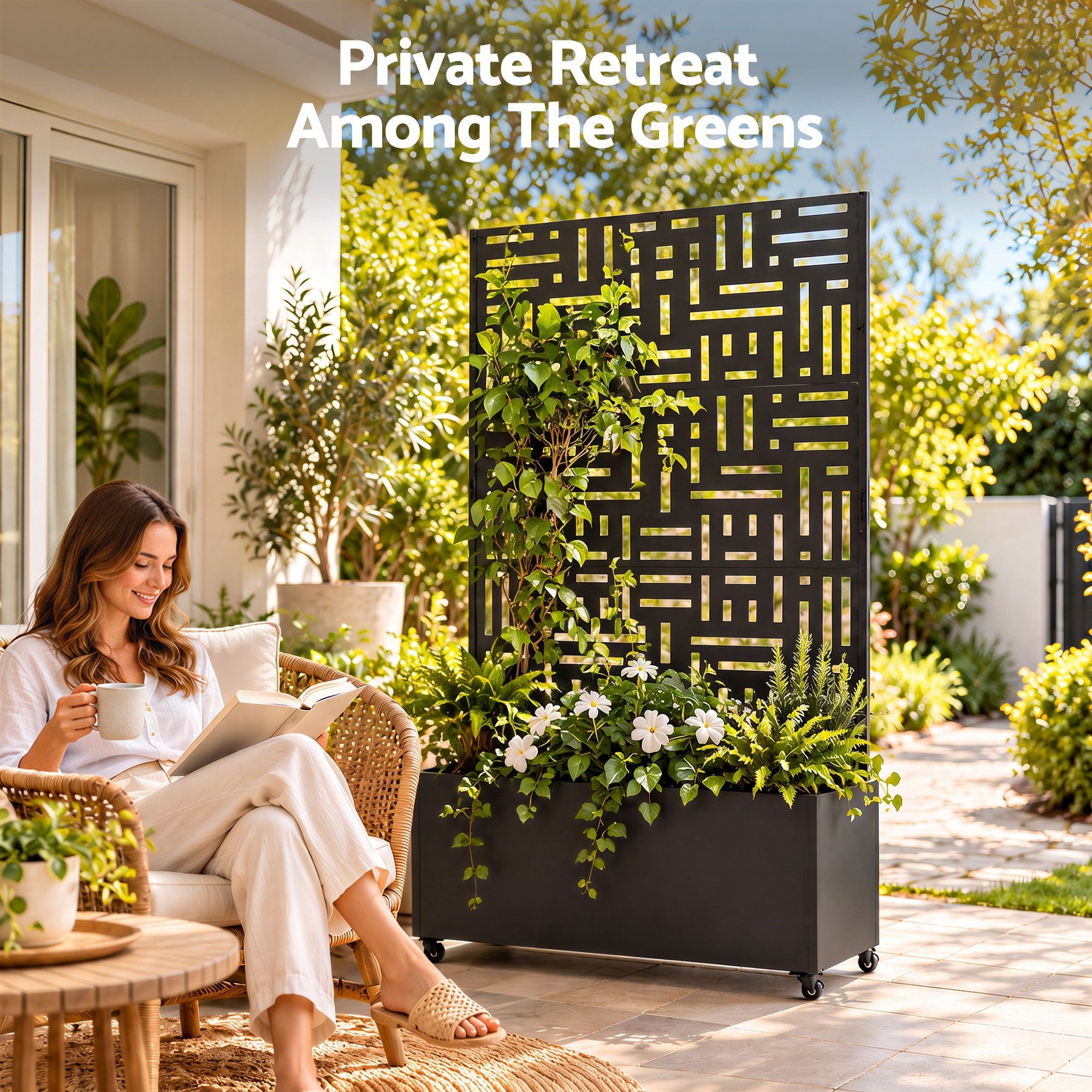 Green Fingers Mobile Planter Box Garden Bed with Trellis Privacy Screen & Lockable Wheels for Climbing Plants Bedworld