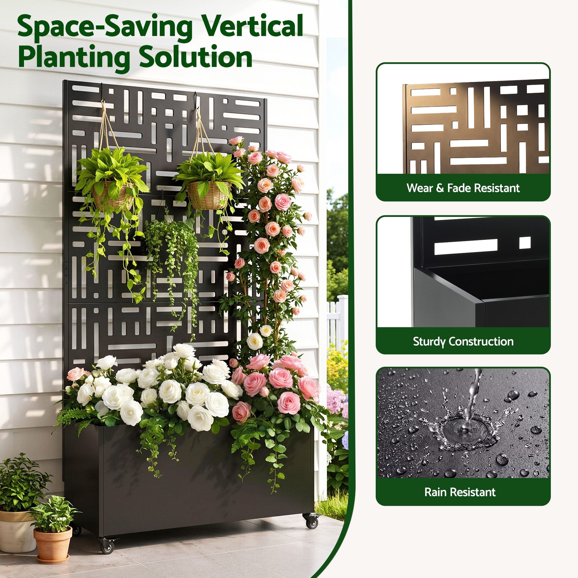 Green Fingers Mobile Planter Box Garden Bed with Trellis Privacy Screen & Lockable Wheels for Climbing Plants Bedworld