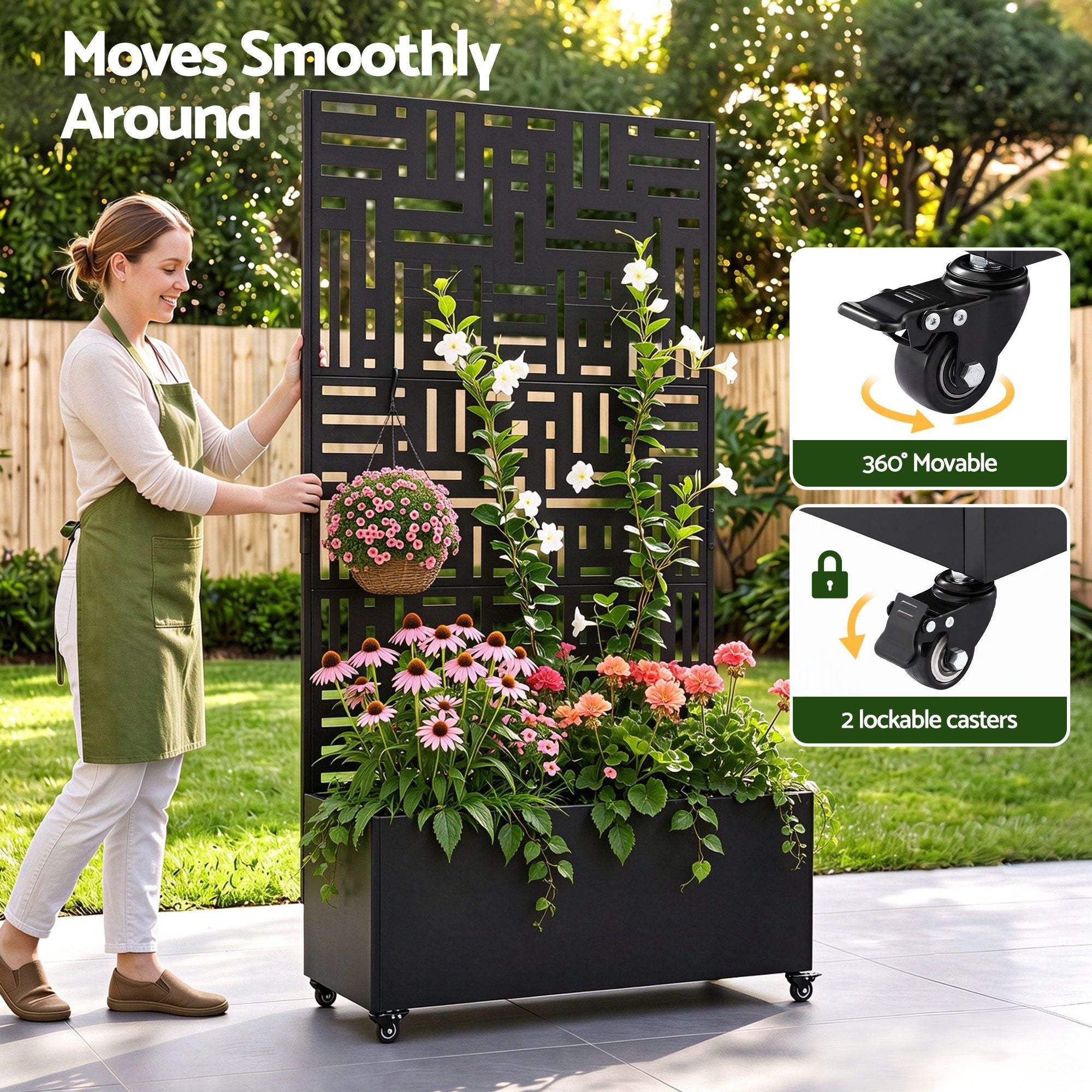 Green Fingers Mobile Planter Box Garden Bed with Trellis Privacy Screen & Lockable Wheels for Climbing Plants Bedworld