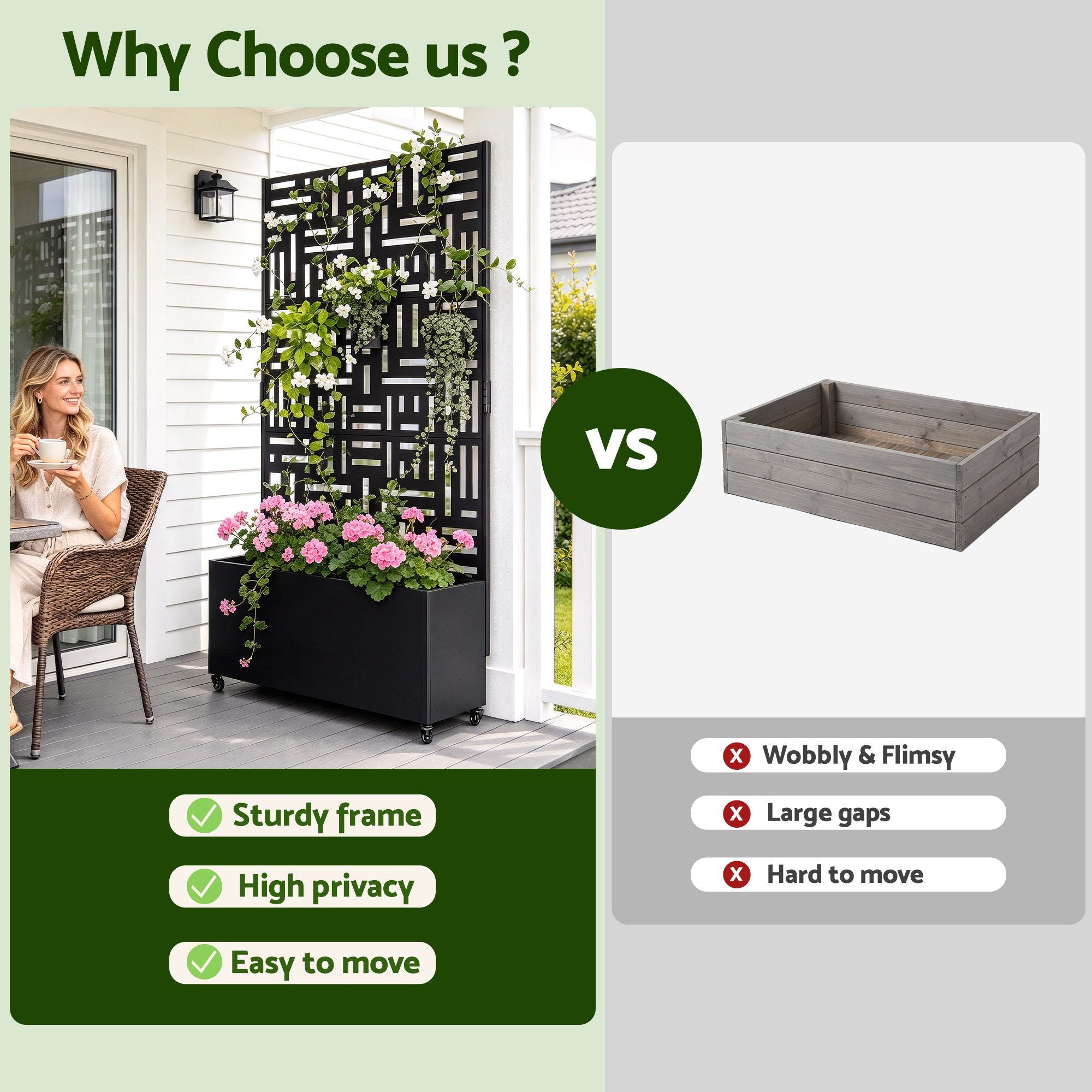 Green Fingers Mobile Planter Box Garden Bed with Trellis Privacy Screen & Lockable Wheels for Climbing Plants Bedworld