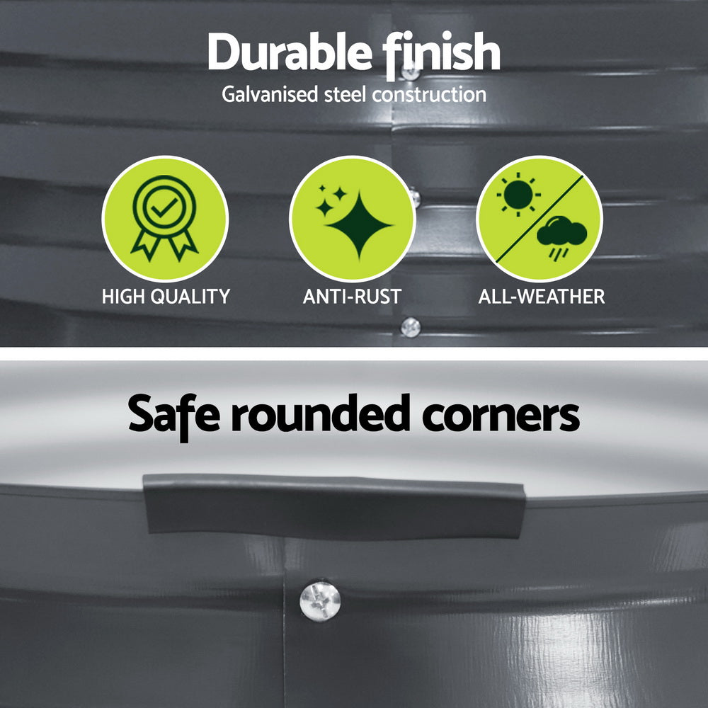 Rounded corner edge on dark grey galvanised steel planter box with smooth finish
