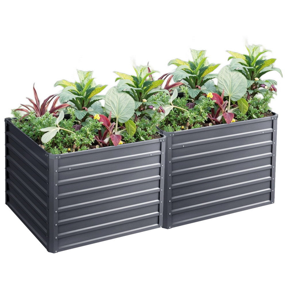 Raised planter box with plants, dark grey, two sections, slatted sides, open top