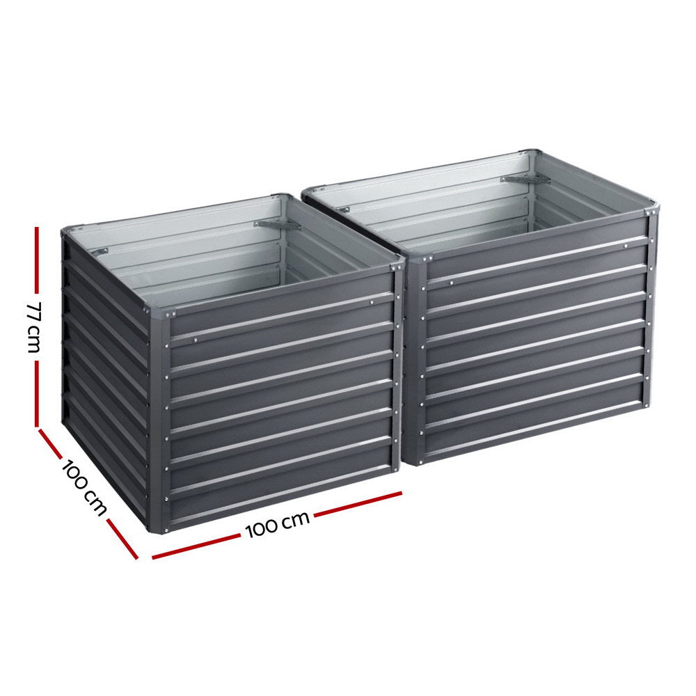 Two-compartment raised planter box, dark grey, slatted sides, open top