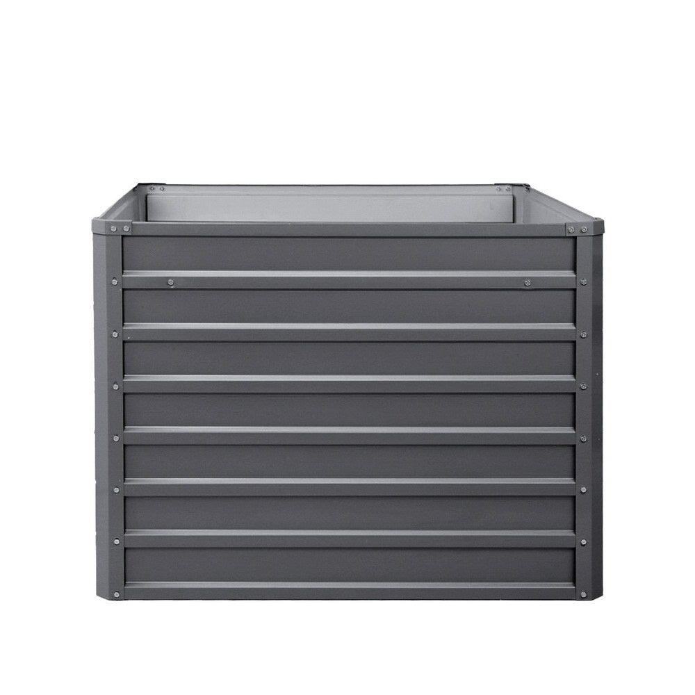 Square raised planter box, dark grey metal, slatted panels, open top