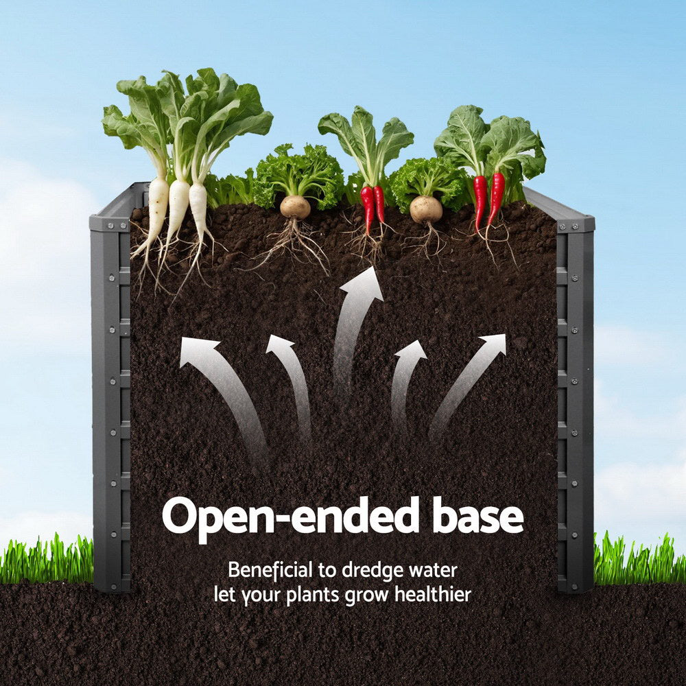 Raised planter box with soil and seedlings, dark grey slatted sides, open top