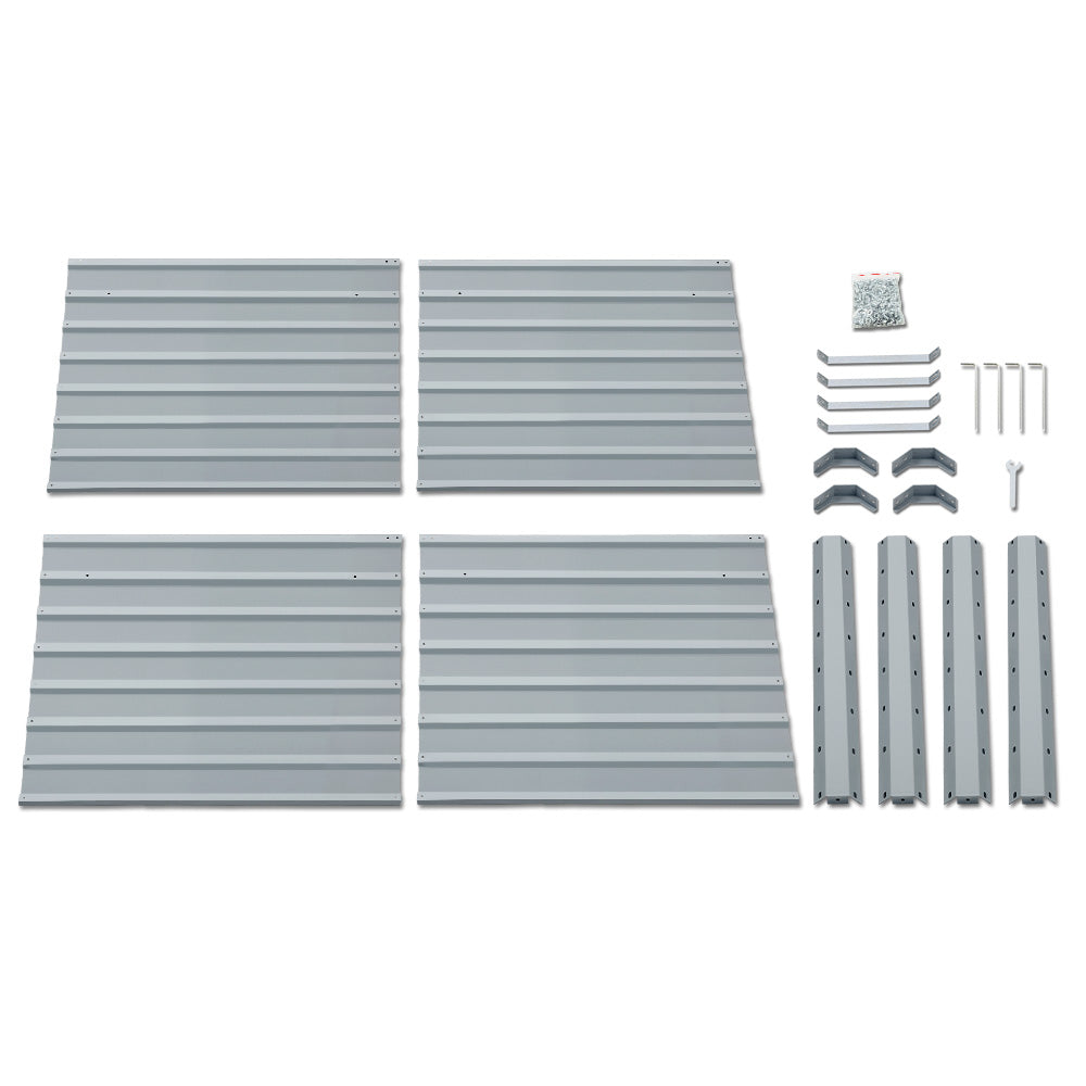 Planter box replacement panels and hardware for raised dark grey planter assembly