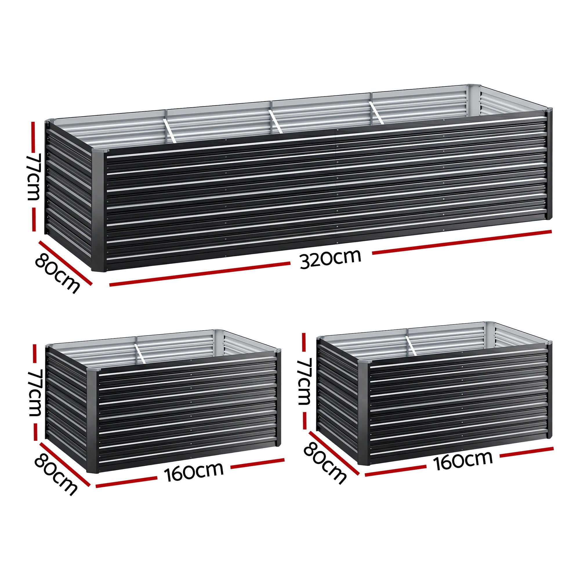 Galvanized steel raised garden bed, dark frame with silver slatted side panels