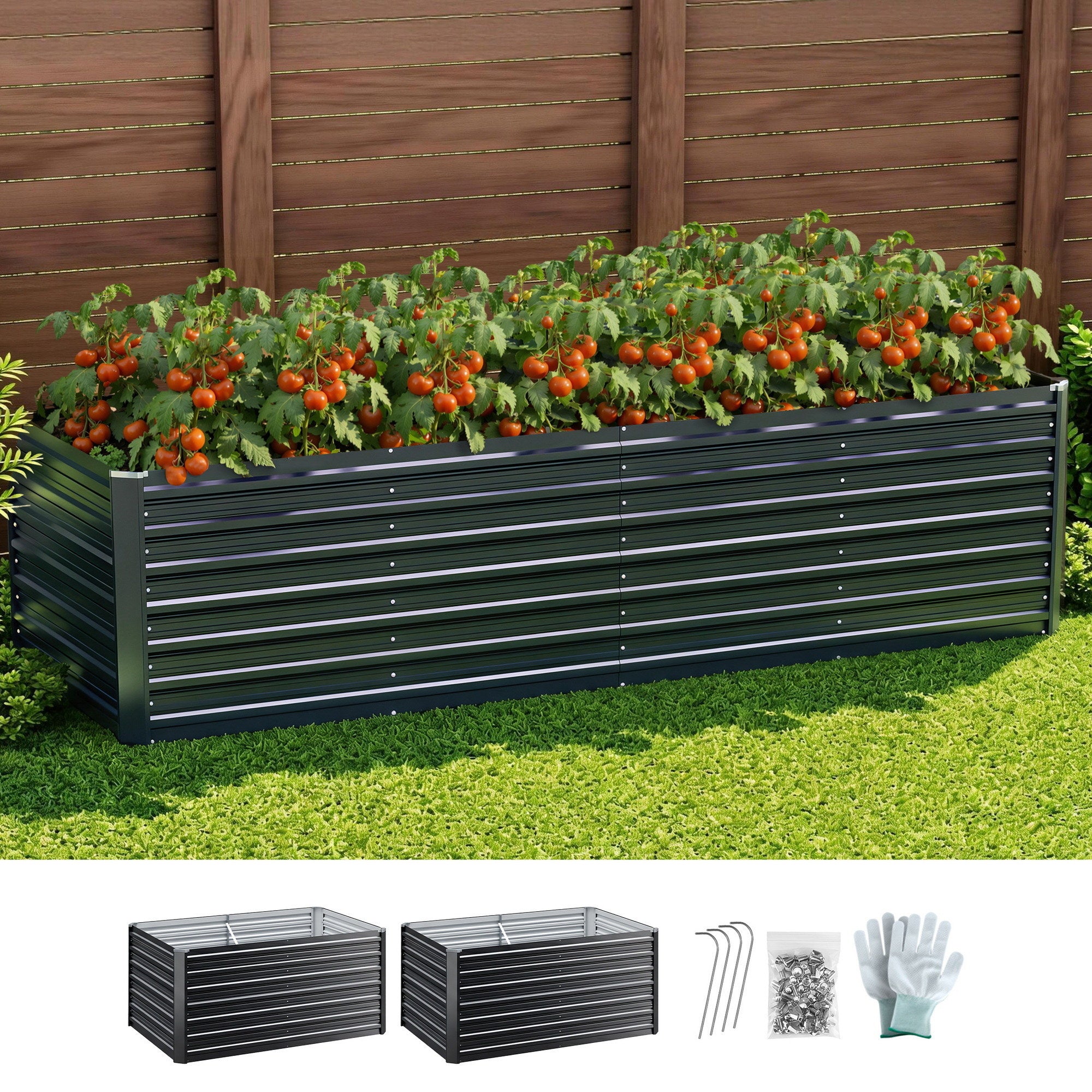 Galvanized steel raised garden bed filled with tomato plants and green foliage