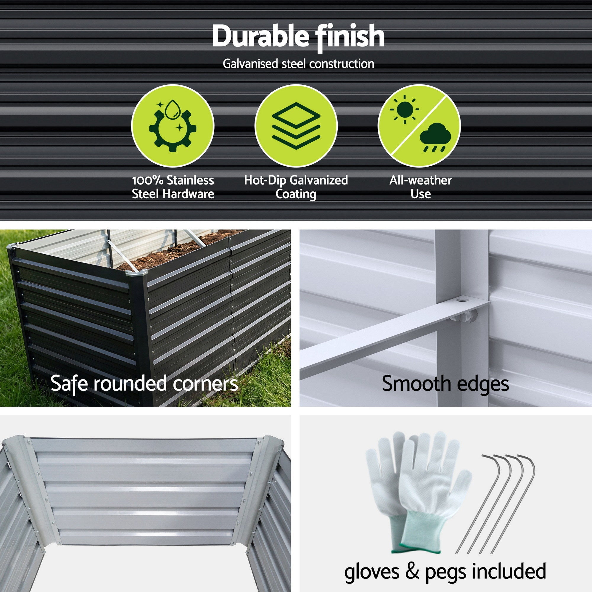 Galvanized steel raised garden bed kit with smooth edges and included gloves and pegs