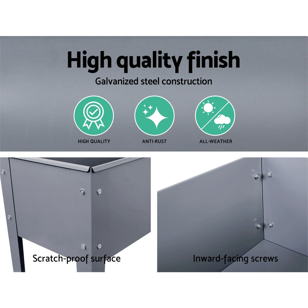 Dark gray elevated planter box corner and side panel with visible screw fasteners