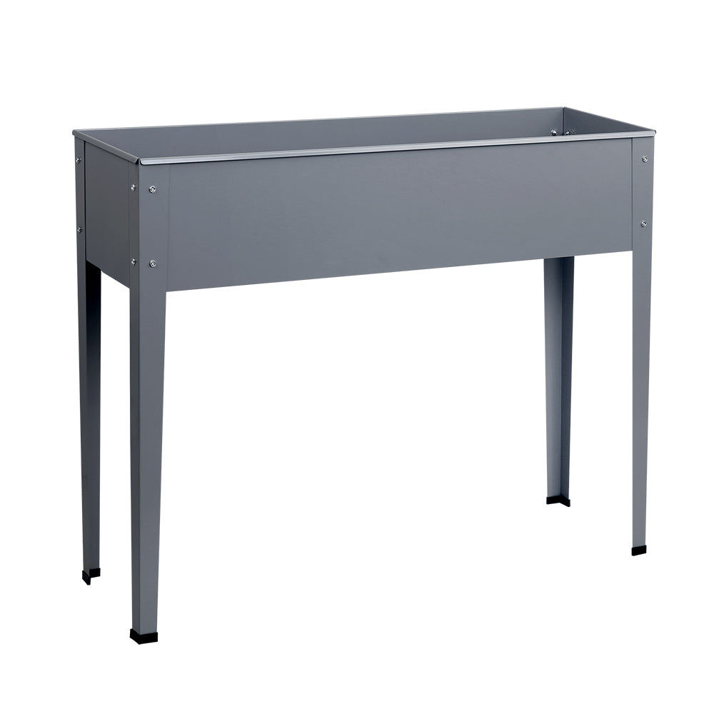 Dark gray elevated planter box with open tub and four standing legs, side view