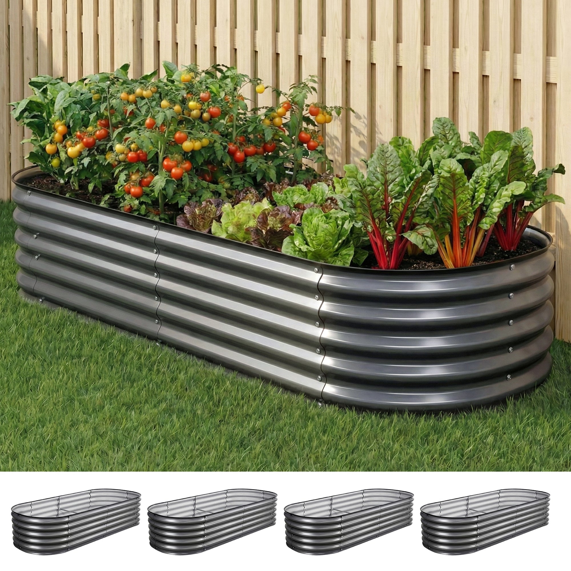 Green Fingers 4 Pcs Raised Garden Bed Kit Oval Galvanized Steel Planter Boxes 160x80x42cm, Heavy Duty Metal Elevated Garden Bed for Vegetables Flowers Herbs, with Safety Edging, Gloves & Pegs Included