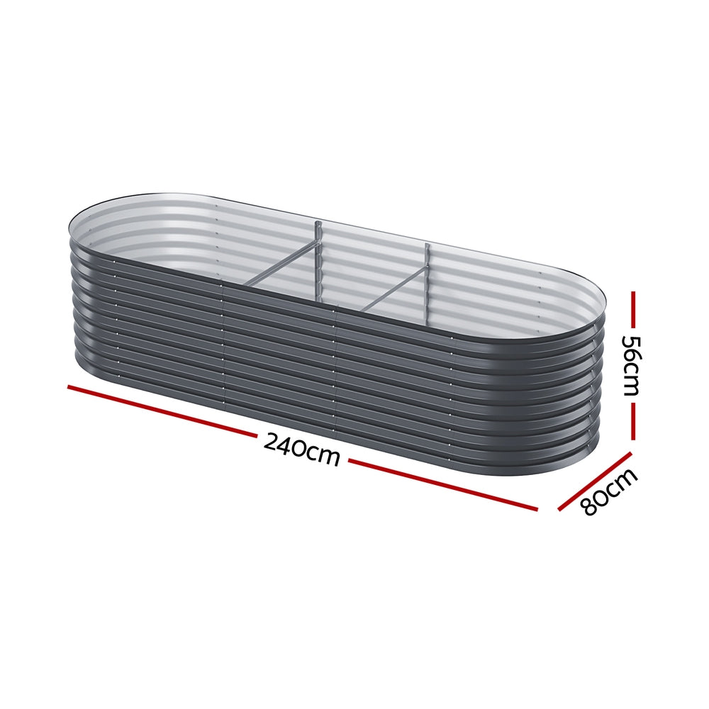 Oval ribbed planter box with dark sides and three-part metal support stand