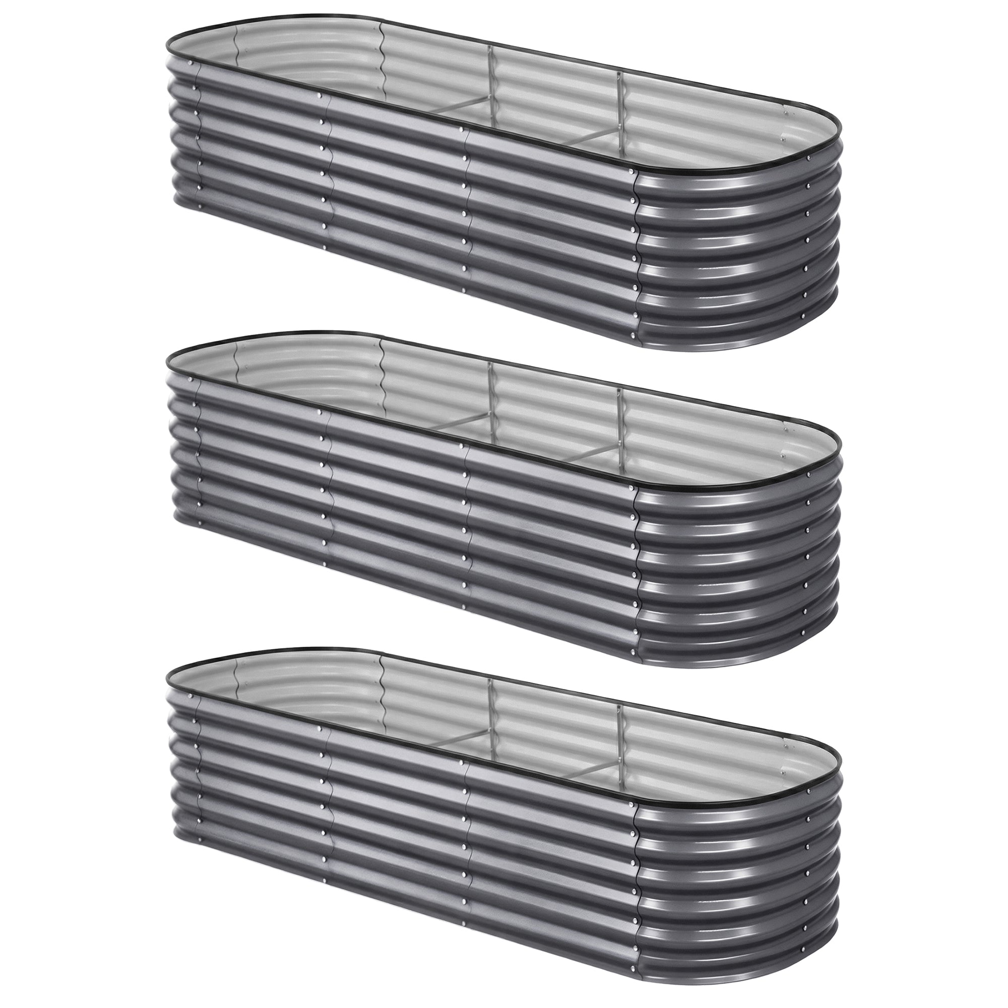 Green Fingers 3 Pcs Raised Garden Bed Kit Oval Galvanized Steel Planter Boxes 240x80x56cm, Heavy Duty Metal Elevated Garden Bed for Vegetables Flowers Herbs, with Safety Edging, Gloves & Pegs Included