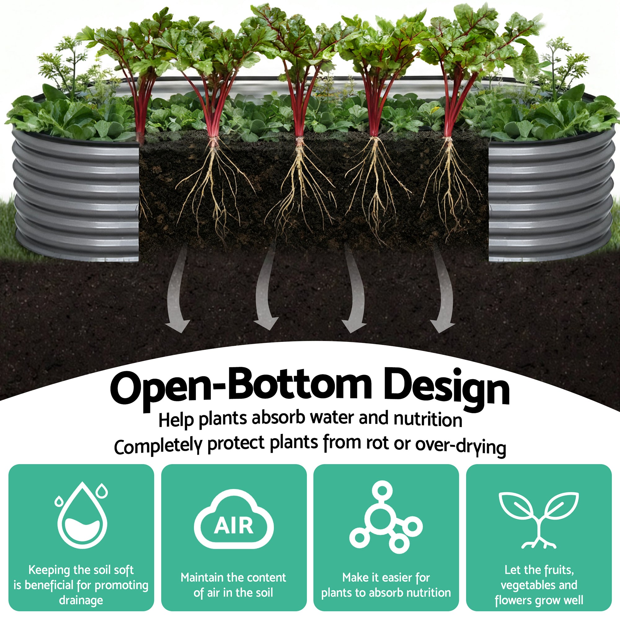 Green Fingers 3 Pcs Raised Garden Bed Kit Oval Galvanized Steel Planter Boxes 240x80x56cm, Heavy Duty Metal Elevated Garden Bed for Vegetables Flowers Herbs, with Safety Edging, Gloves & Pegs Included
