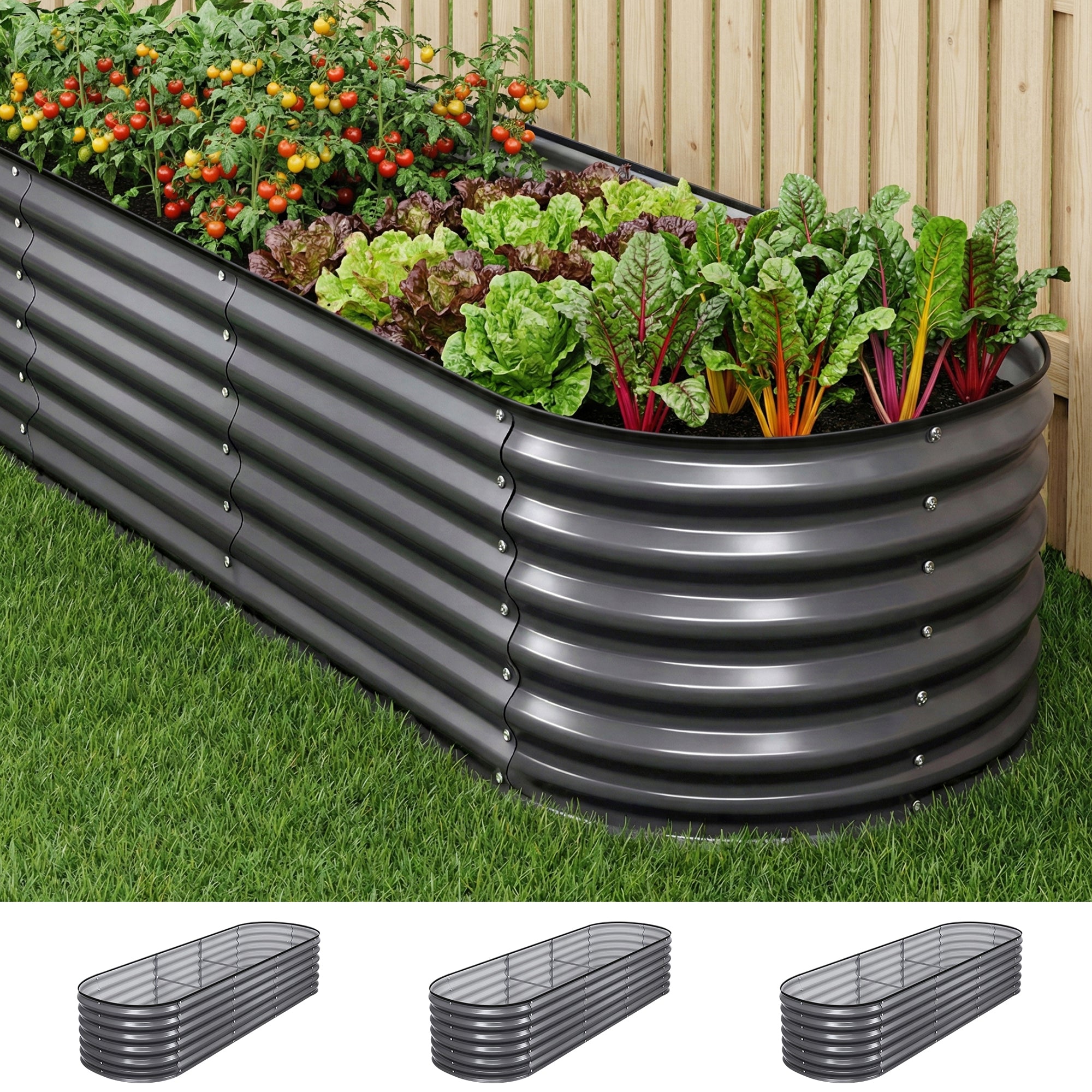 Green Fingers 3 Pcs Raised Garden Bed Kit Oval Galvanized Steel Planter Boxes 240x80x56cm, Heavy Duty Metal Elevated Garden Bed for Vegetables Flowers Herbs, with Safety Edging, Gloves & Pegs Included
