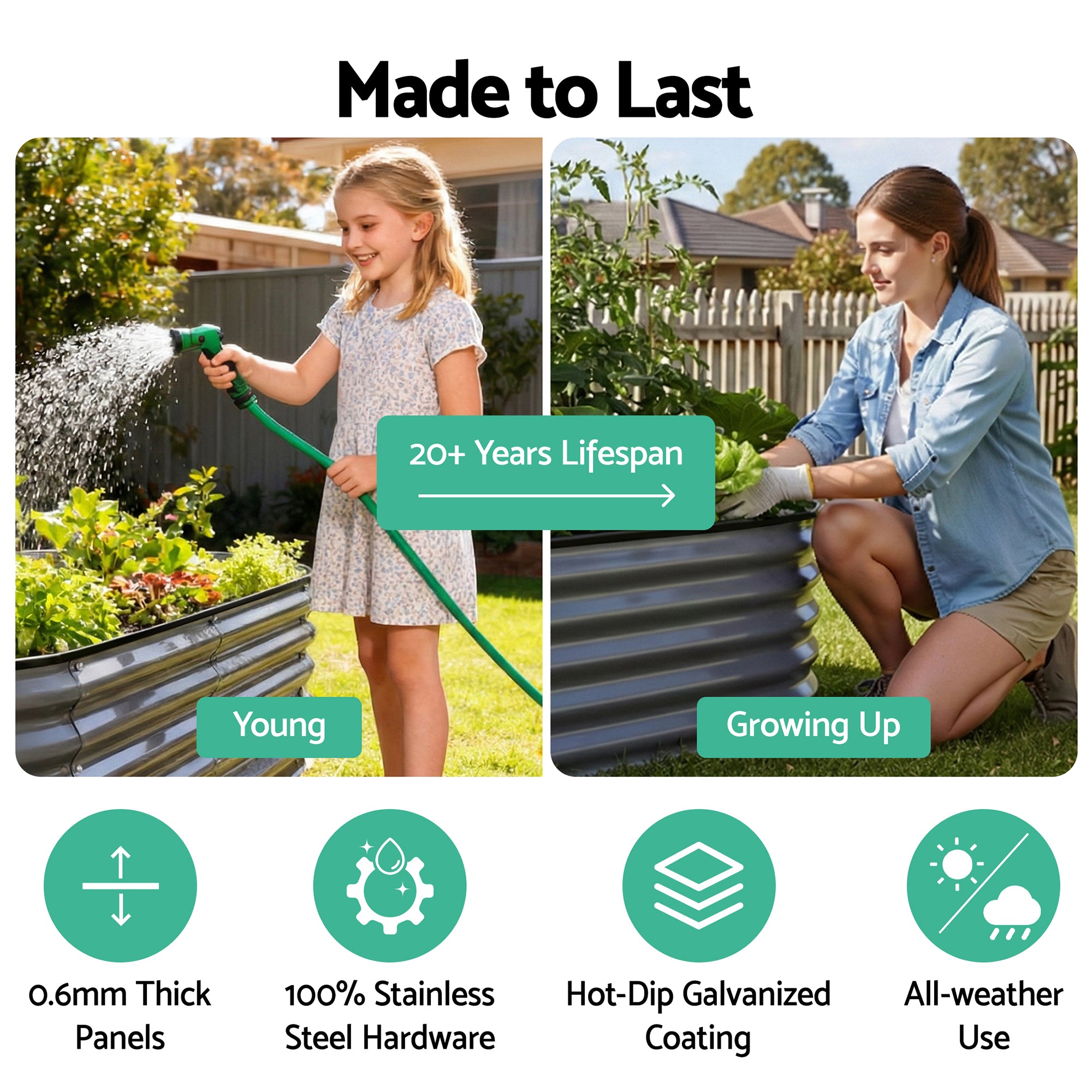Green Fingers 3 Pcs Raised Garden Bed Kit Oval Galvanized Steel Planter Boxes 320x80x56cm, Heavy Duty Metal Elevated Garden Bed for Vegetables Flowers Herbs, with Safety Edging, Gloves & Pegs Included