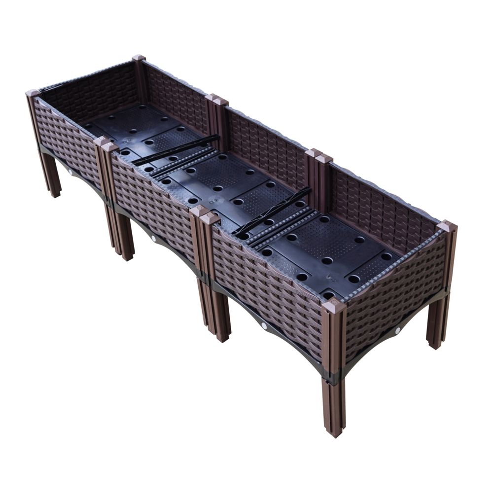 Raised planter box with woven texture and perforated inner inserts, dark brown