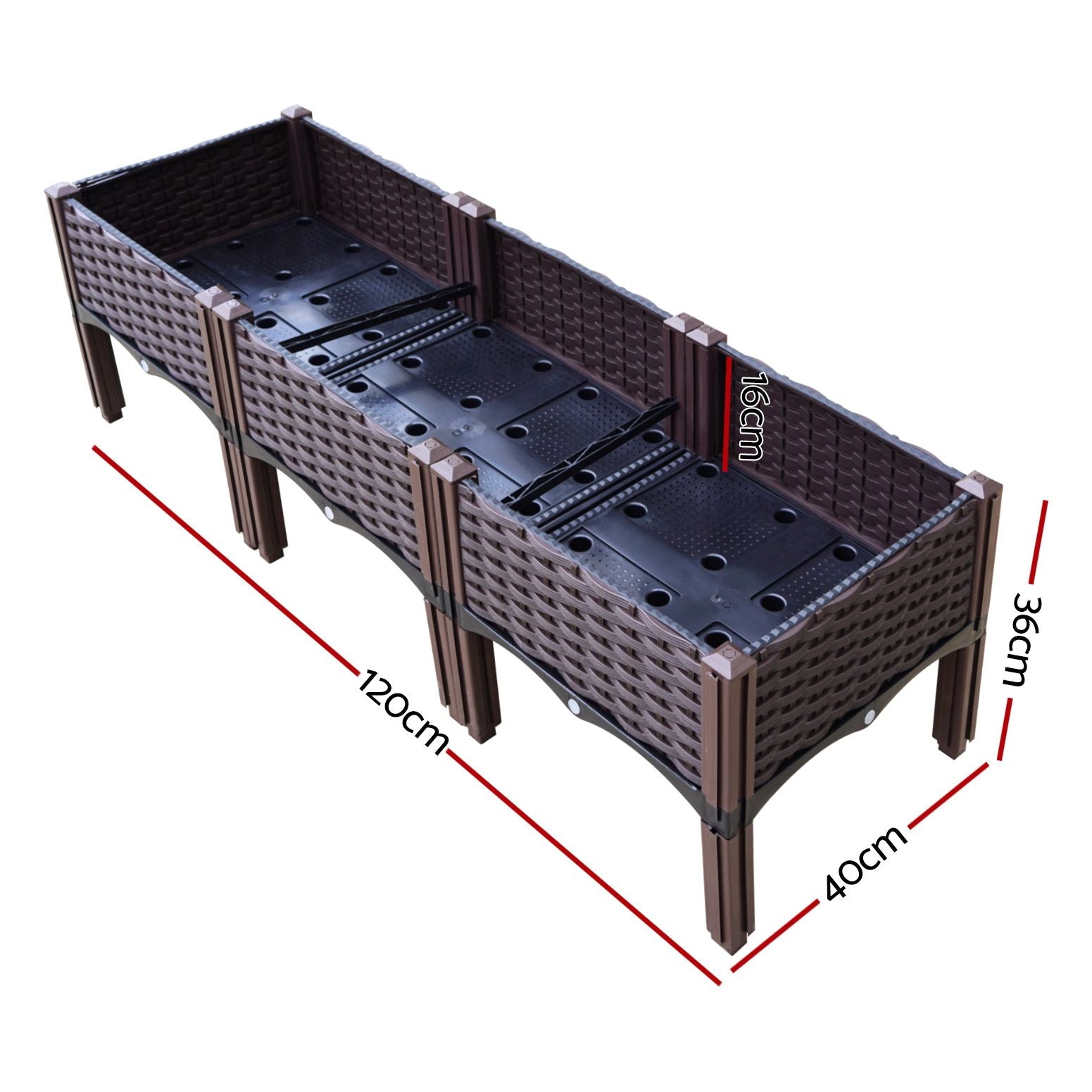 Raised planter box, dark brown woven design, 120 x 40 cm, four support legs