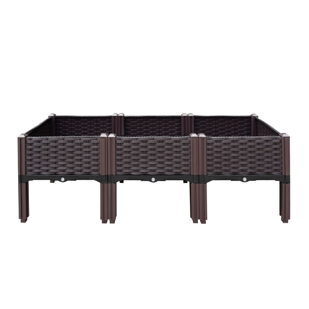 Raised planter box with woven panels and four legs, dark brown