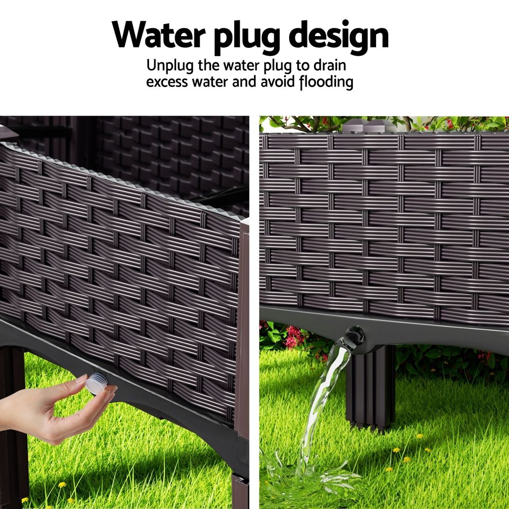 Woven planter box side with irrigation water plug and curved drain spout