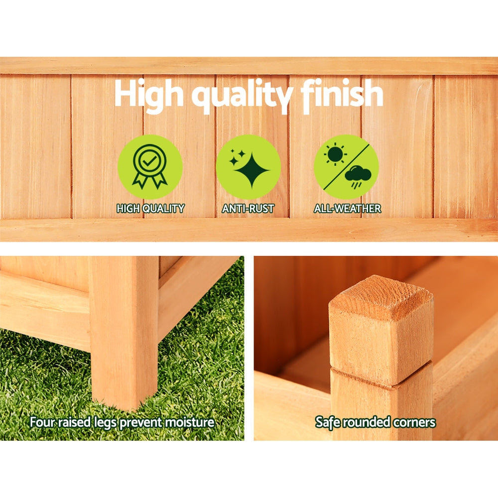 Wooden raised planter box corner with rounded edge detail and raised legs.
