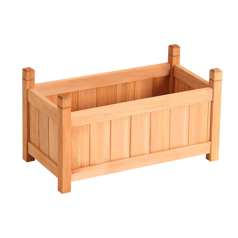 Light wooden raised planter box with four legs, open top, and vertical side panels.