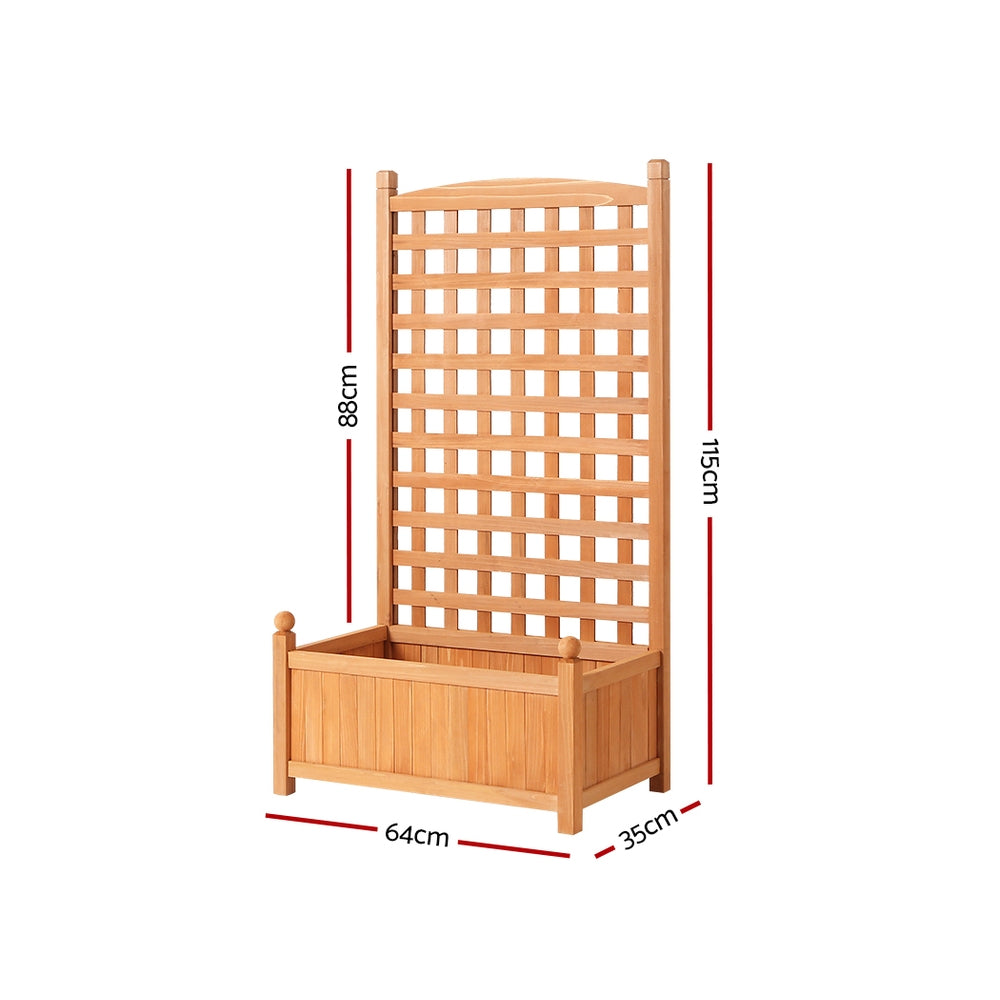 Wooden raised planter box with lattice trellis, front view with size indicators