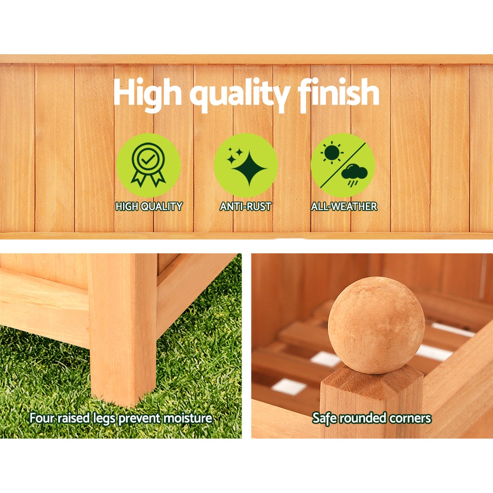 Wooden raised planter bed detail: four raised legs and safe rounded corners