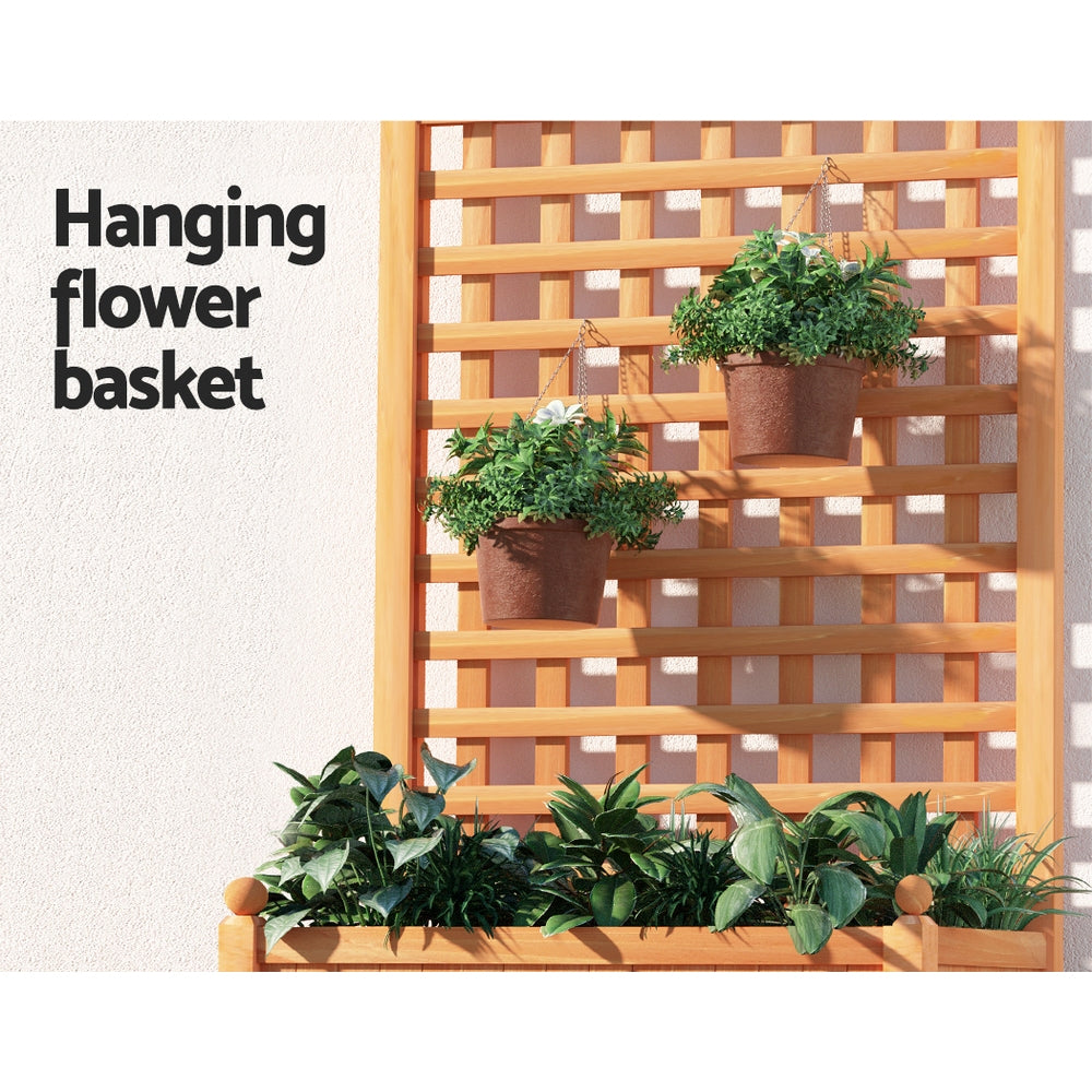 Wooden trellis planter with hanging flower baskets and plants in the raised box