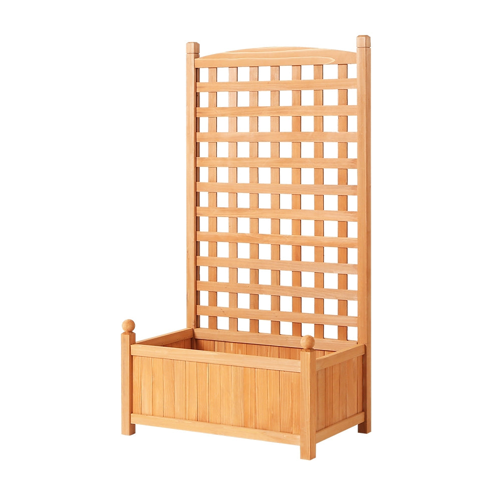Wooden raised planter box with lattice trellis, freestanding front view