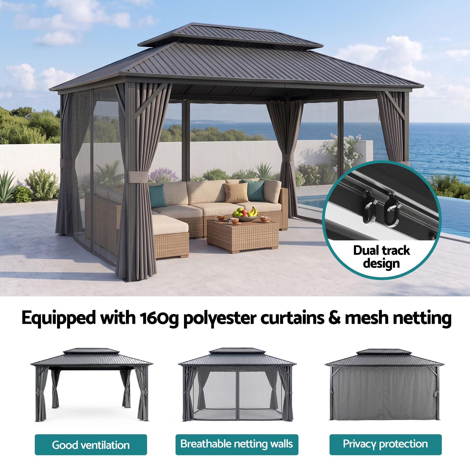 Instahut 3x4.25m Gazebo Hardtop Steel Roof Outdoor Pavilion Bedworld
