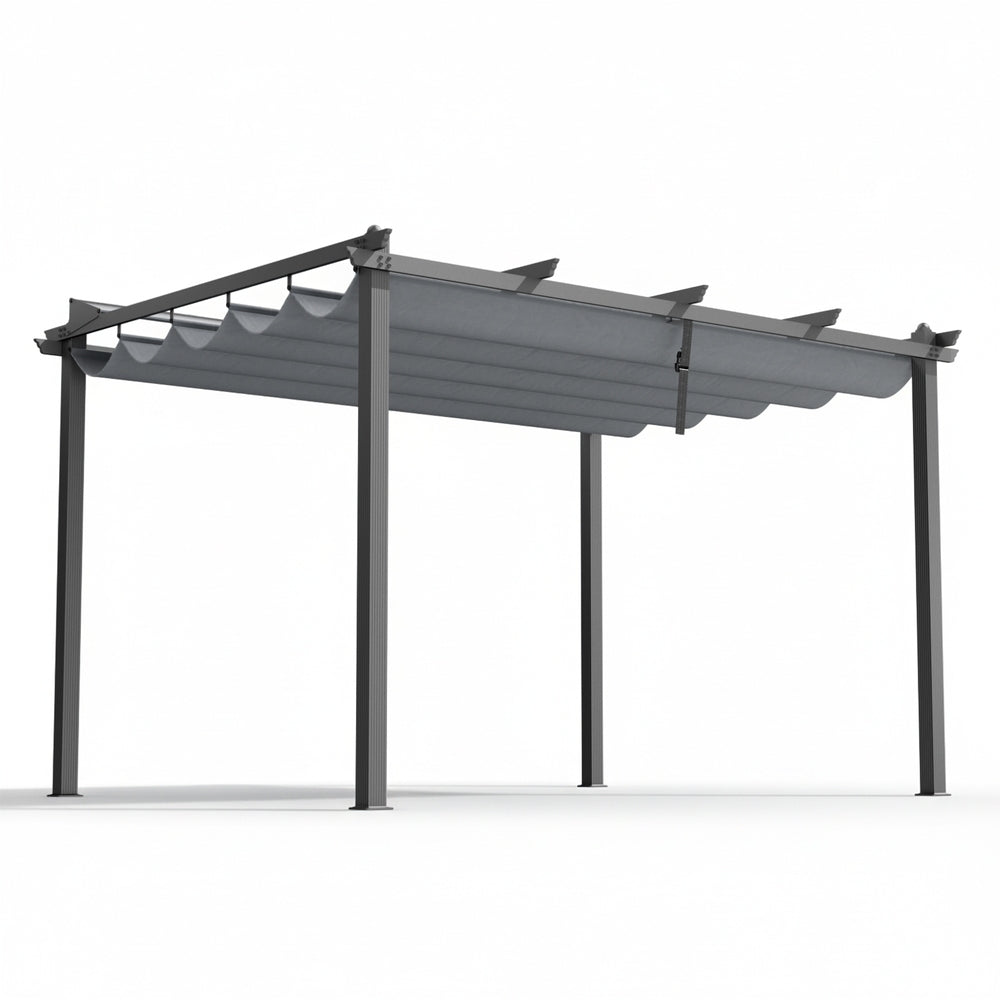 Grey aluminium pergola with adjustable fabric canopy and four support posts