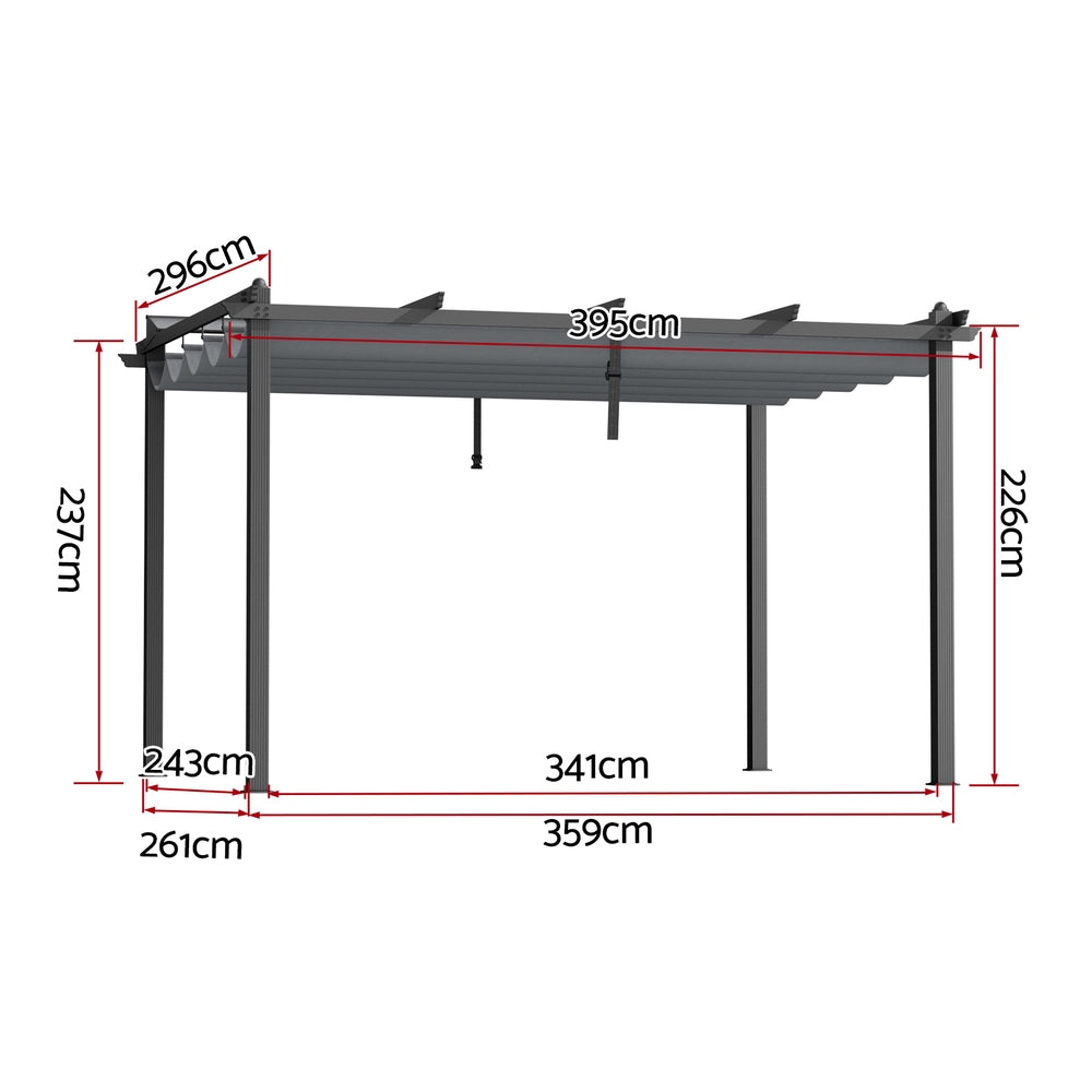 Grey aluminium pergola with adjustable fabric canopy, side view with measurement lines