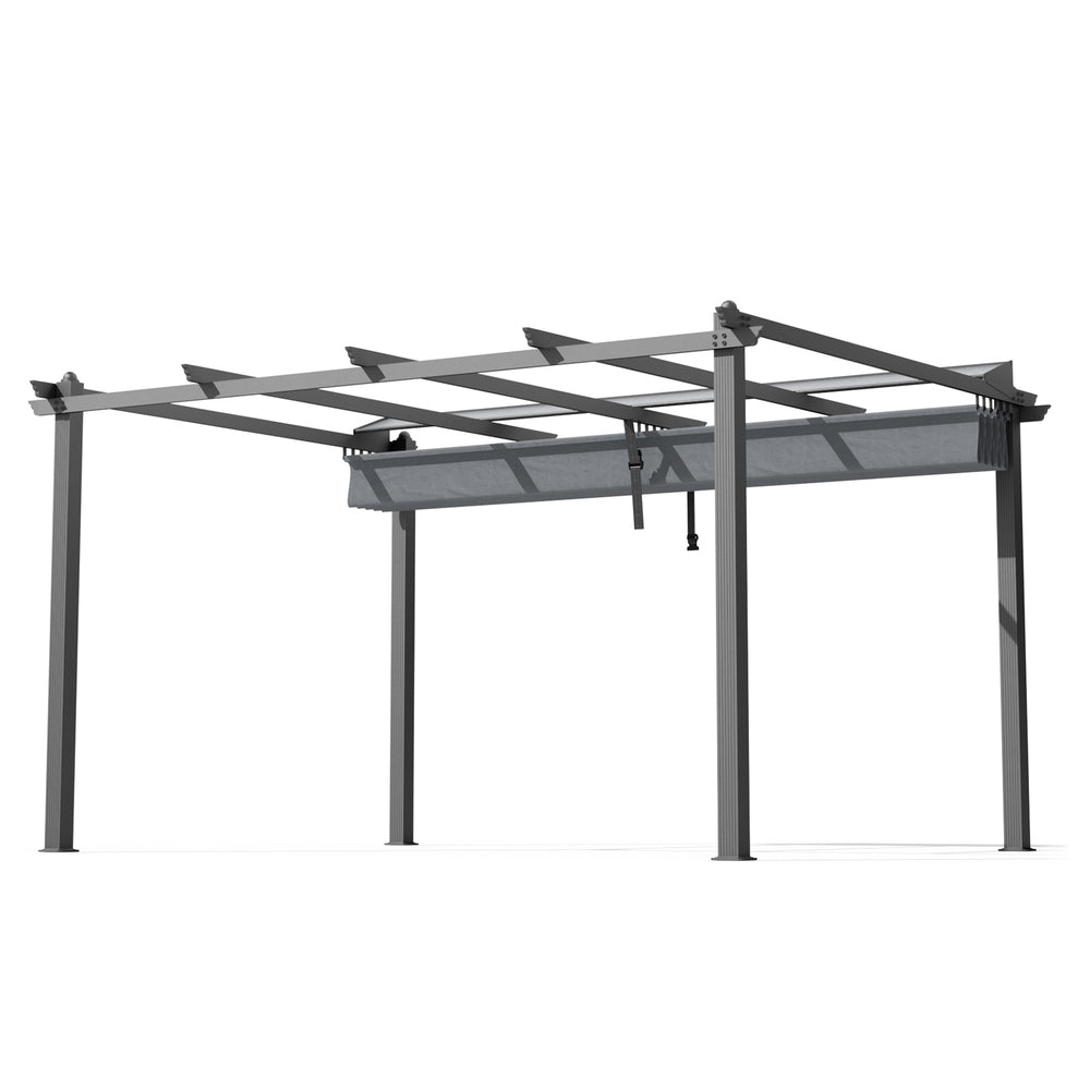 Grey aluminium pergola with adjustable fabric canopy, angled roof view and posts