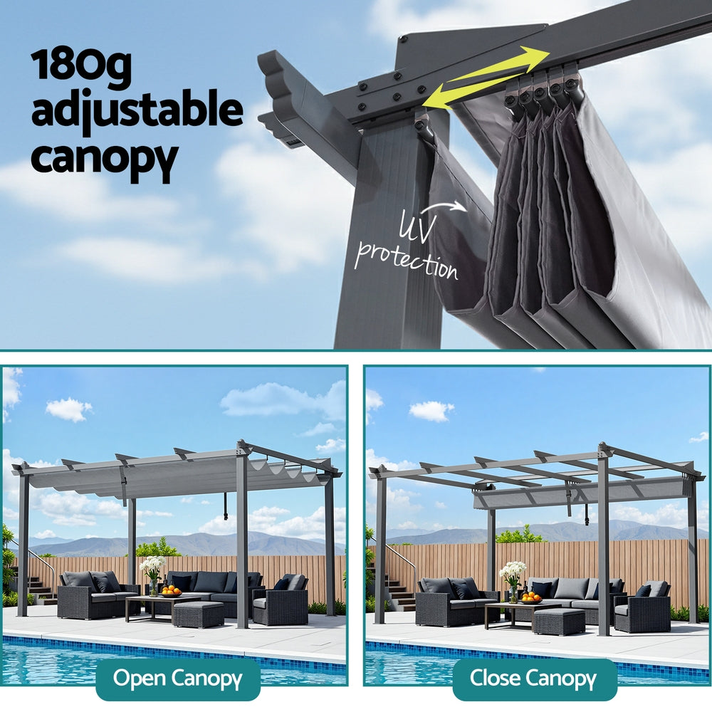 Adjustable fabric canopy on grey aluminium pergola with pull mechanism shown