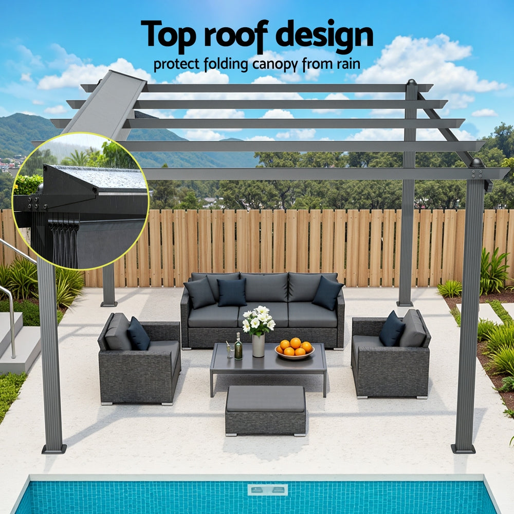Grey aluminium pergola with top roof design and foldable fabric canopy