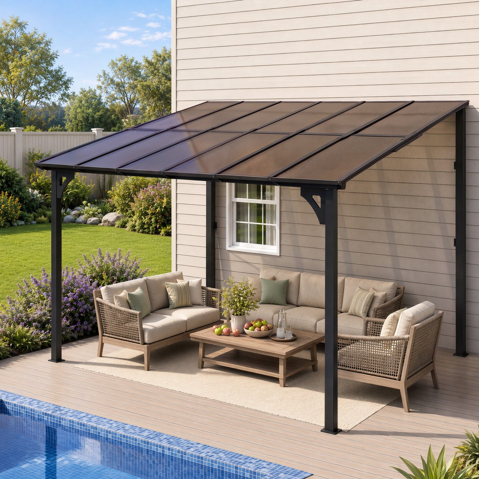 Instahut Gazebo Lean-To Pergola Garden Patio Polycarbonate 356cm X 275cm Brown Bedworld