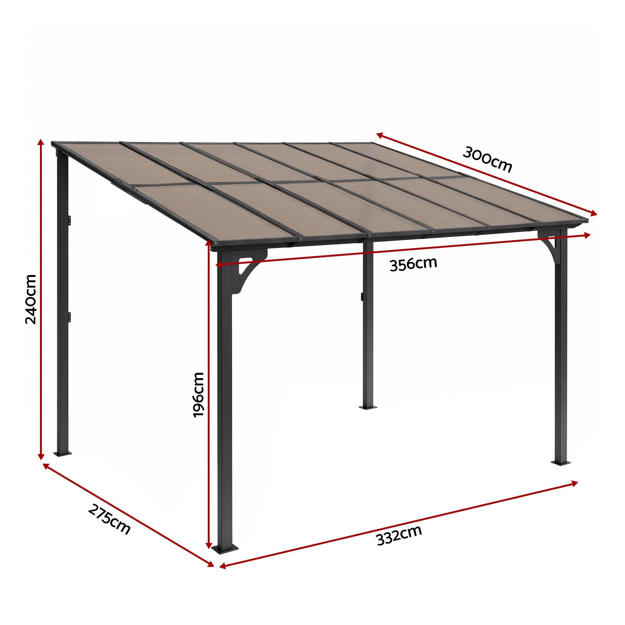Instahut Gazebo Lean-To Pergola Garden Patio Polycarbonate 356cm X 275cm Brown Bedworld