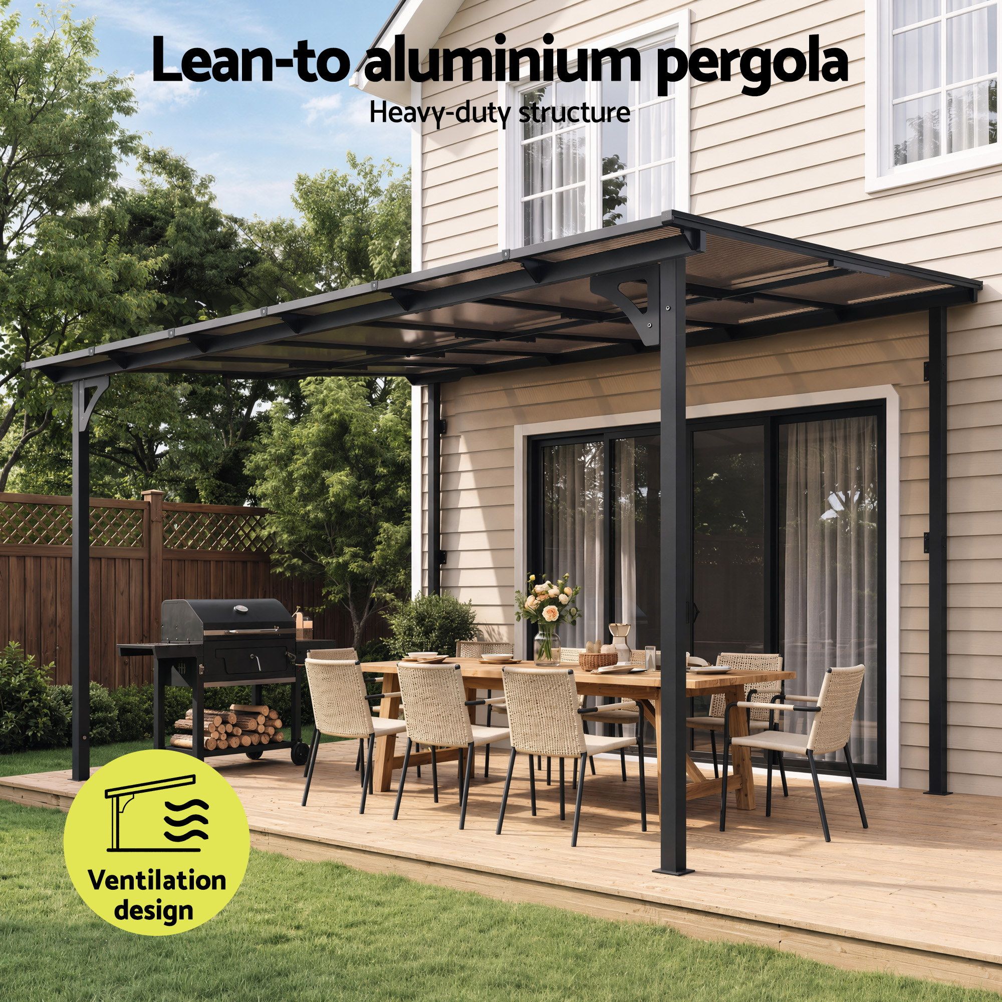 Instahut Gazebo Lean-To Pergola Garden Patio Polycarbonate 356cm X 275cm Brown Bedworld