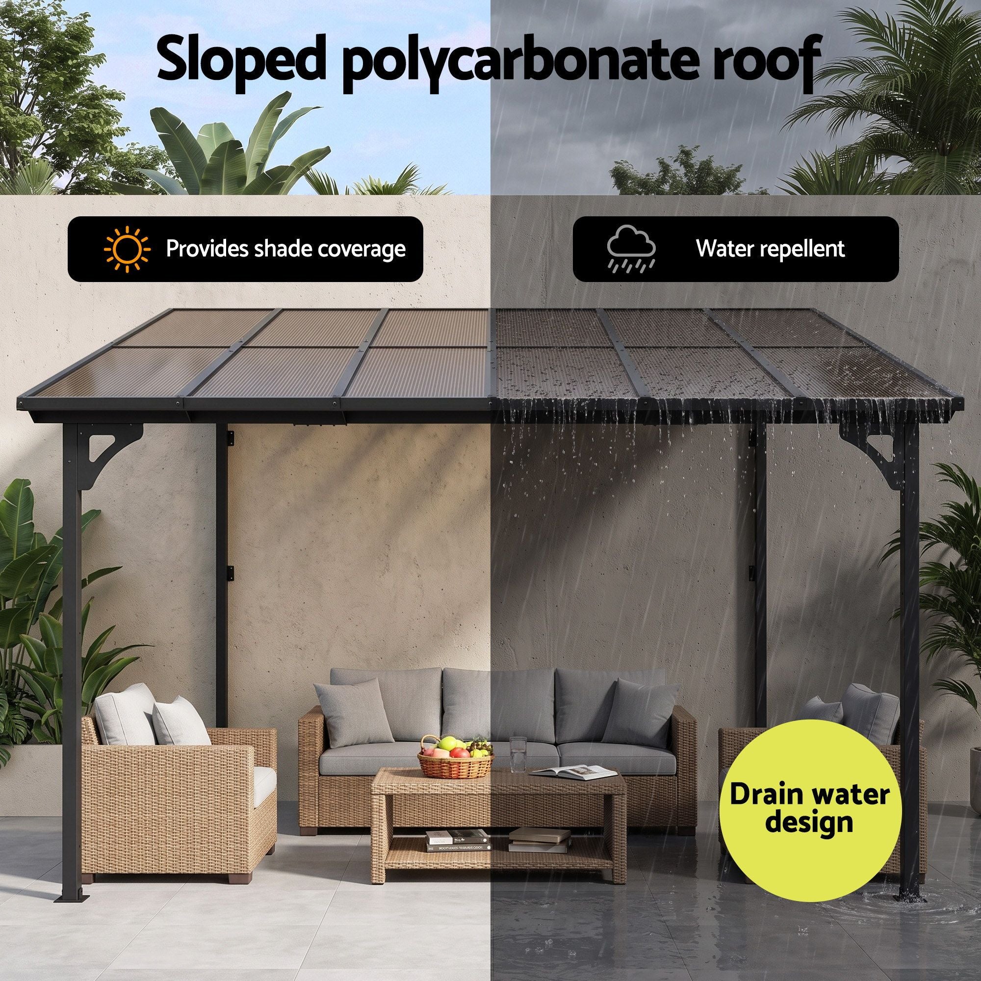 Instahut Gazebo Lean-To Pergola Garden Patio Polycarbonate 356cm X 275cm Brown Bedworld