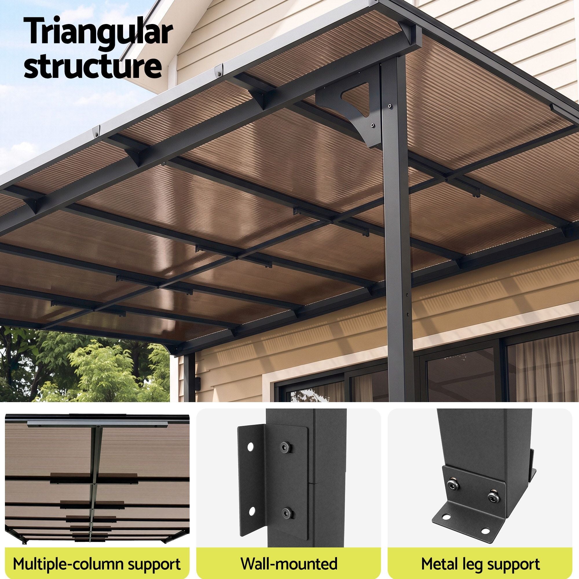 Instahut Gazebo Lean-To Pergola Garden Patio Polycarbonate 356cm X 275cm Brown Bedworld