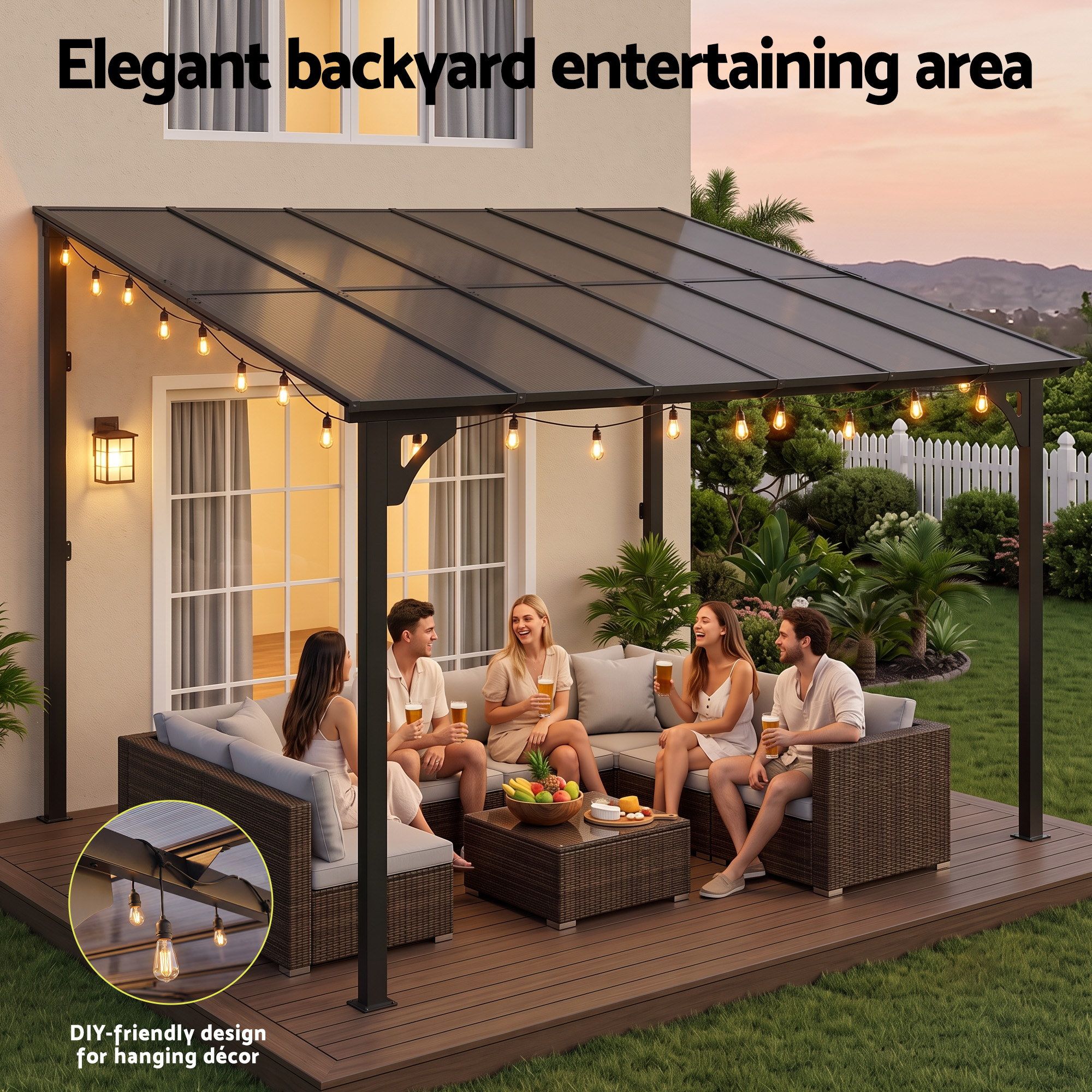 Instahut Gazebo Lean-To Pergola Garden Patio Polycarbonate 356cm X 275cm Brown Bedworld