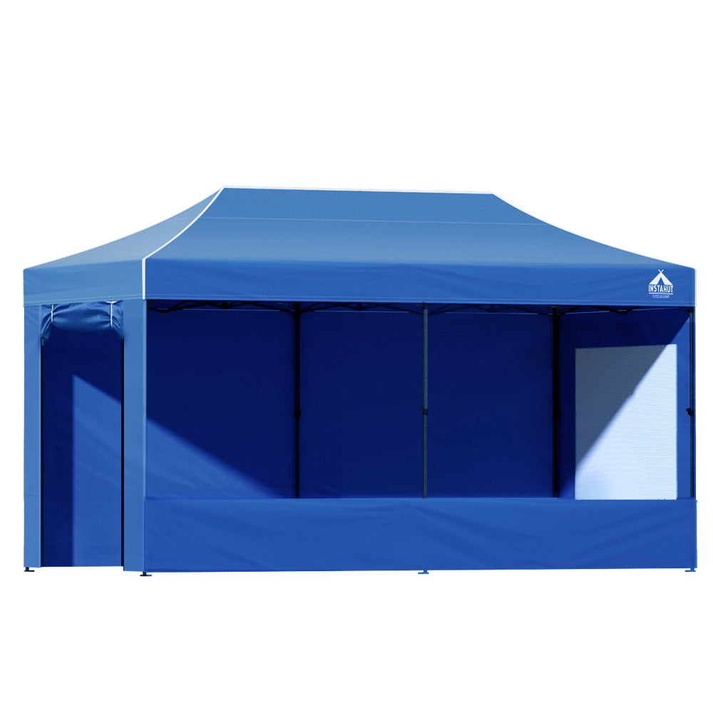 Blue pop-up gazebo with side panels and dark interior open doorway